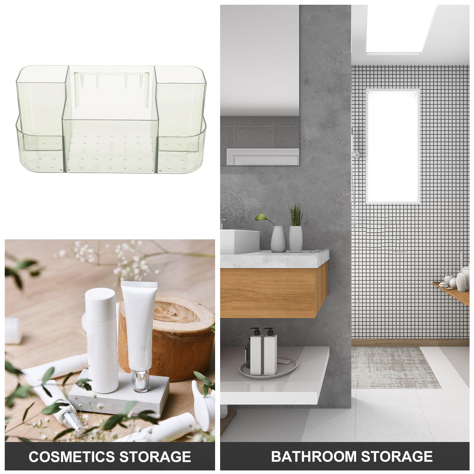 FESTFENDS wall-mounted makeup organizer caddy with transparent compartments for cosmetics, skincare, and beauty tools in green bathroom storage