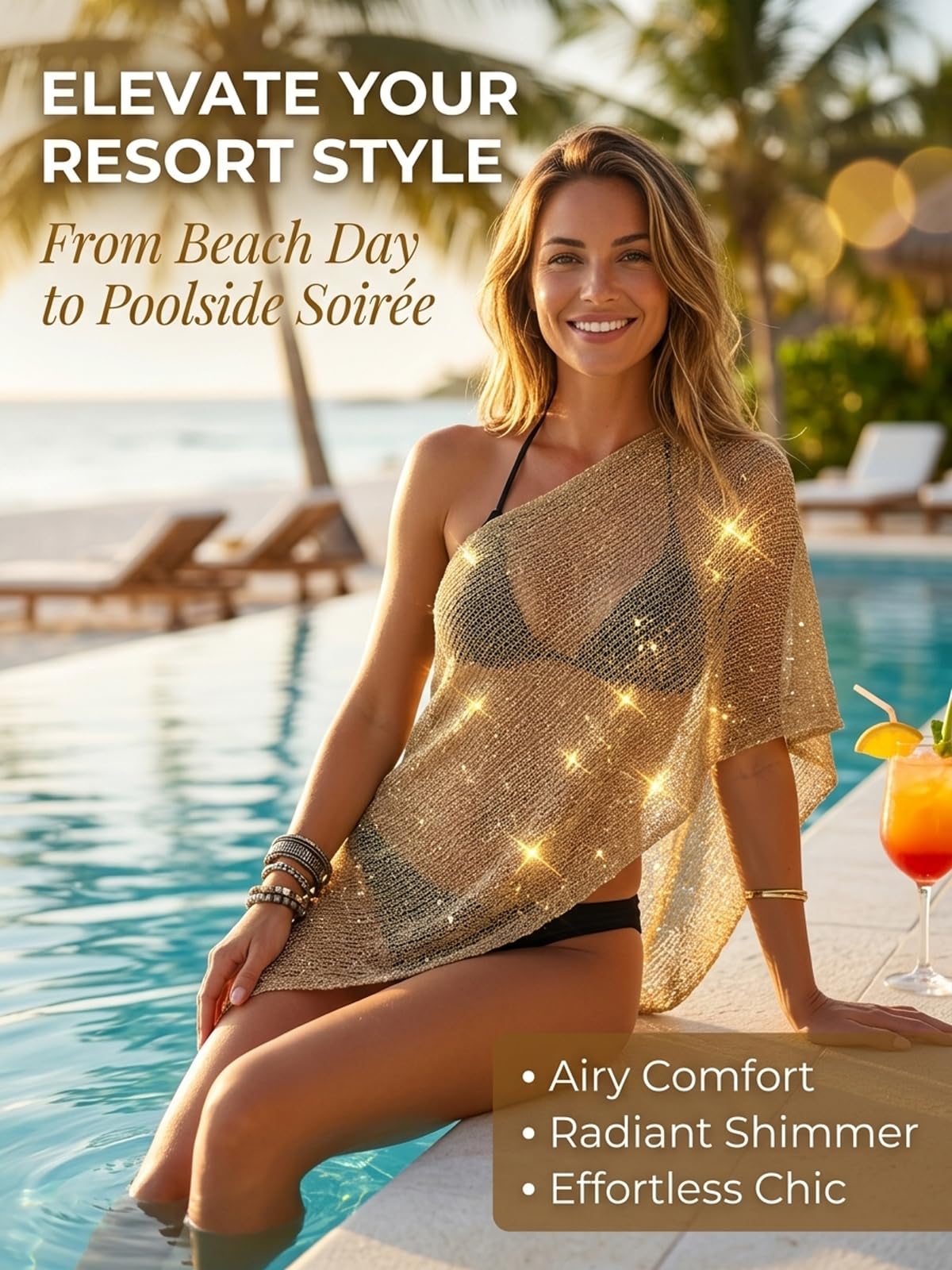 Women Sheer Poncho Top with Sparkling Gold Thread Mesh Cover - Kysryye Official Imagery - 3