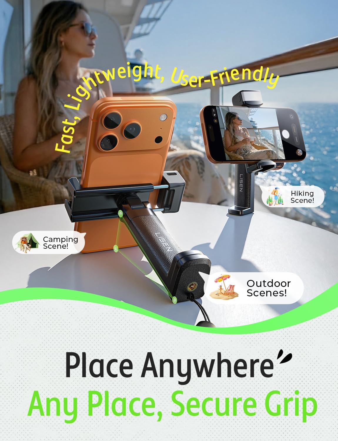 LISEN airplane travel LED phone stand holder on desk, with built-in photographic light, ideal for long flights and cruise ship use.