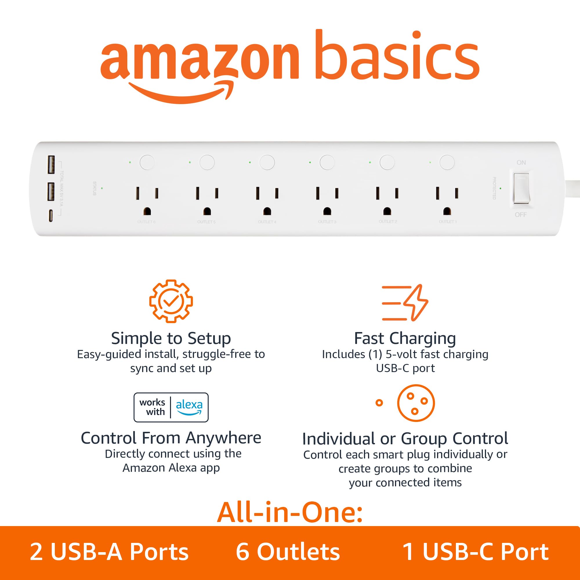 Amazon Basics Smart Plug Power Strip with 6 Individually Controll - Amazon Basics Official Product View 2