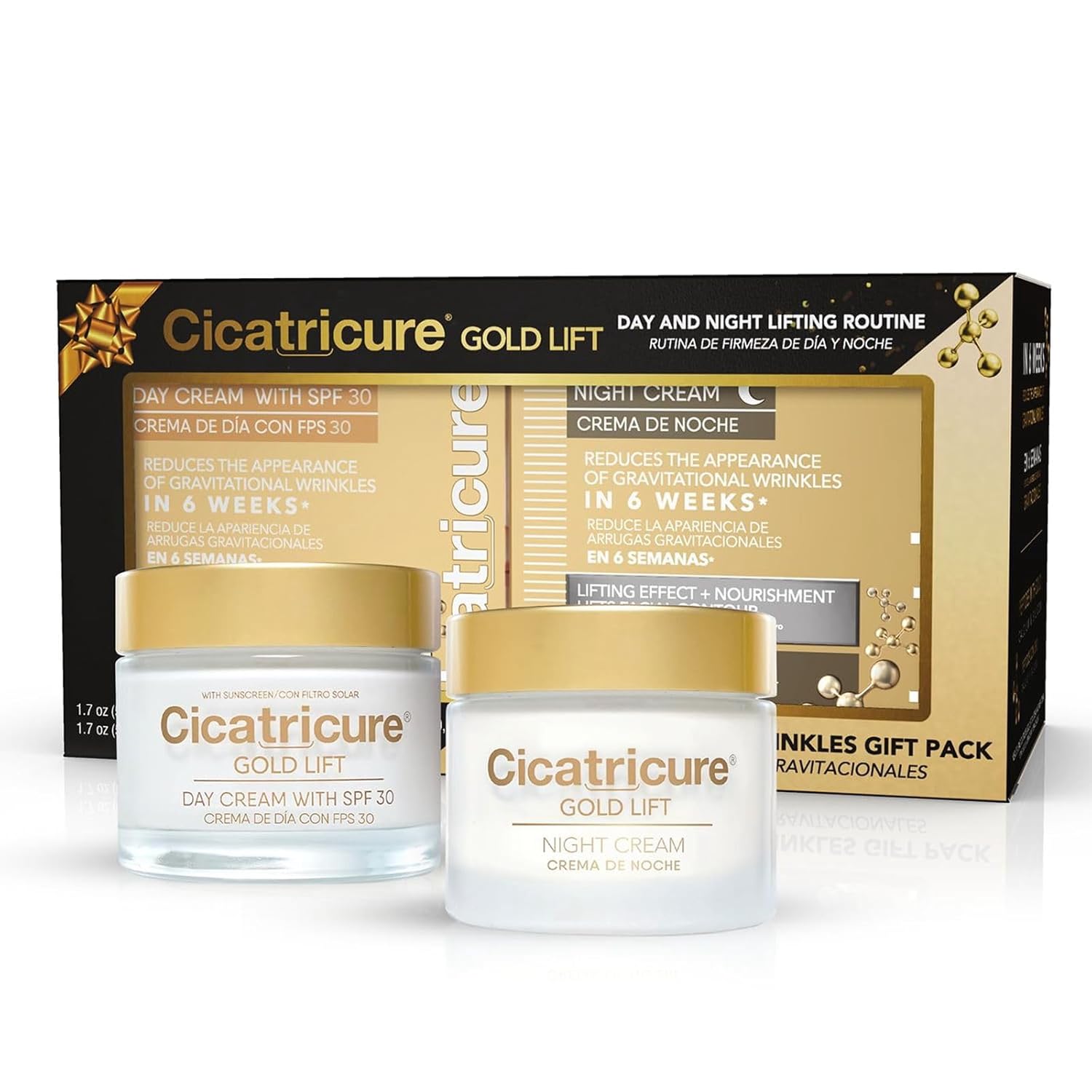 Cicatricure Gold Lift anti-wrinkle day and night cream gift pack with gold-infused formula and elegant packaging.
