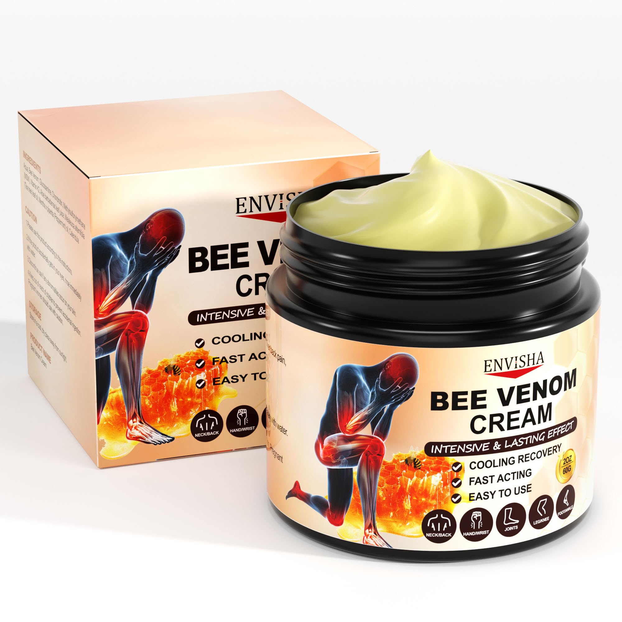 ENVISHA Bee Venom Joint & Bone Cream moisturizer applied to back, knee, and neck areas for skin hydration and soothing relief.