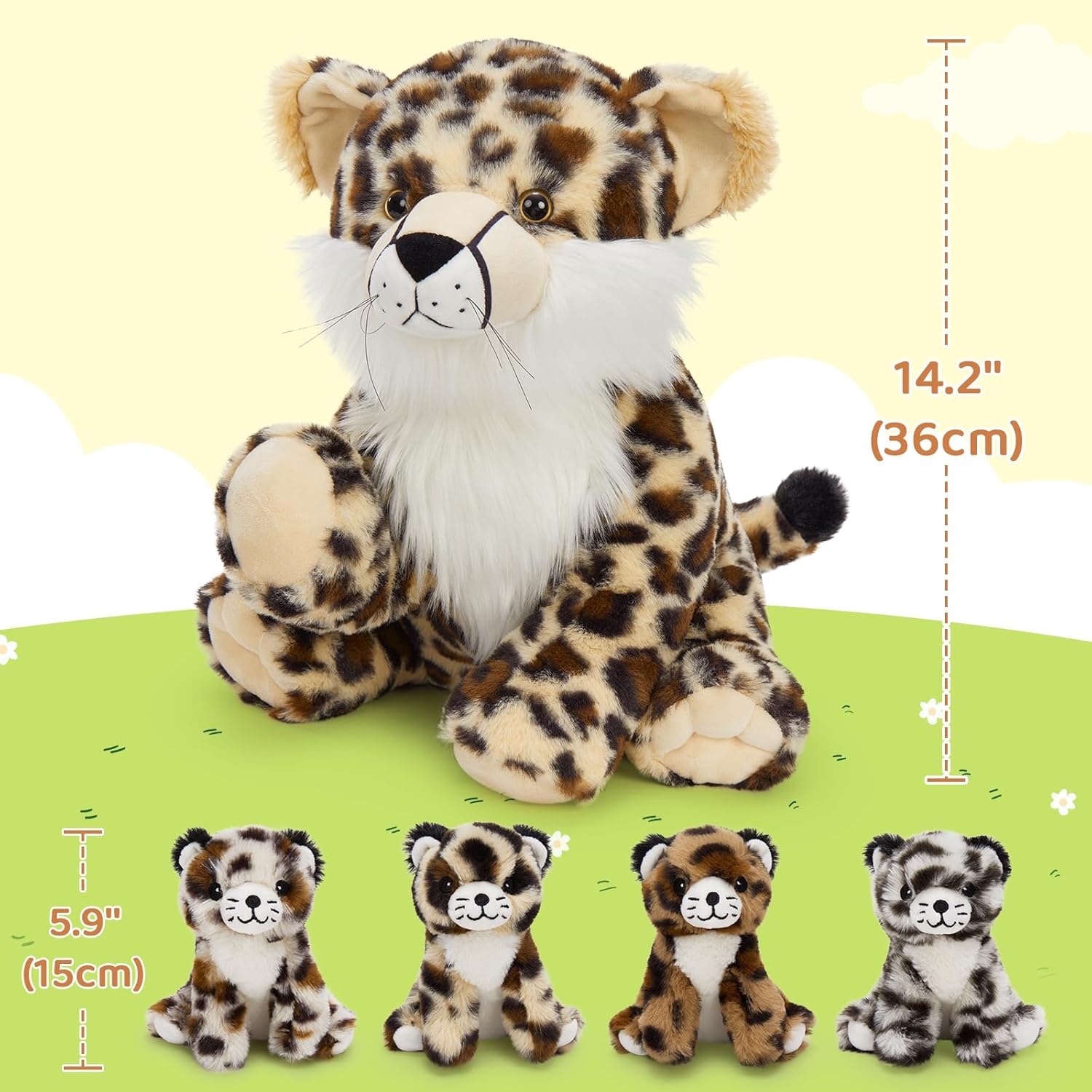 MorisMos 5-piece cheetah stuffed animal set featuring a 14-inch cheetah mommy with four baby cheetahs, soft plush toys.