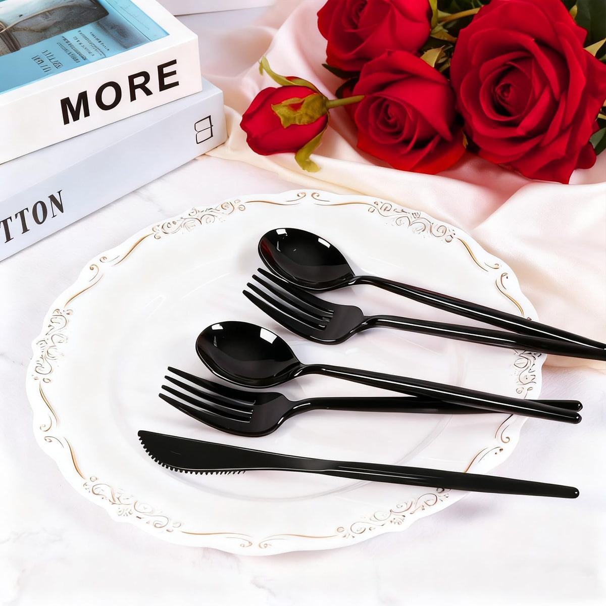 120 Piece Black Plastic Silverware Set - Gudvilla Official Imagery - 3