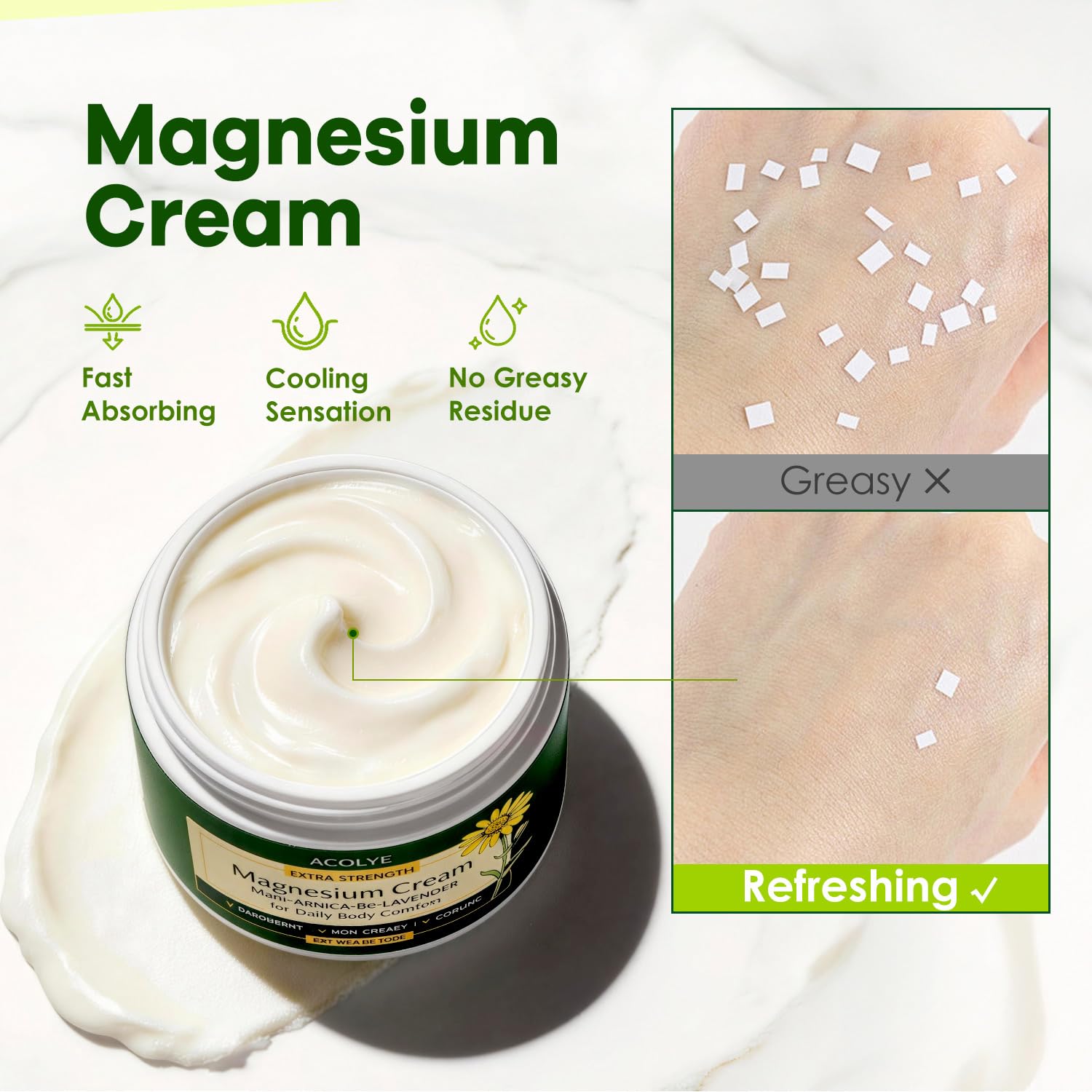 Acolye Total Relief Magnesium Cream with Arnica: Extra Strength Topical Magnesium Chloride Cream with MSM, B6, For Muscles, Joints & Legs, Fast Absorbing, Non-Greasy