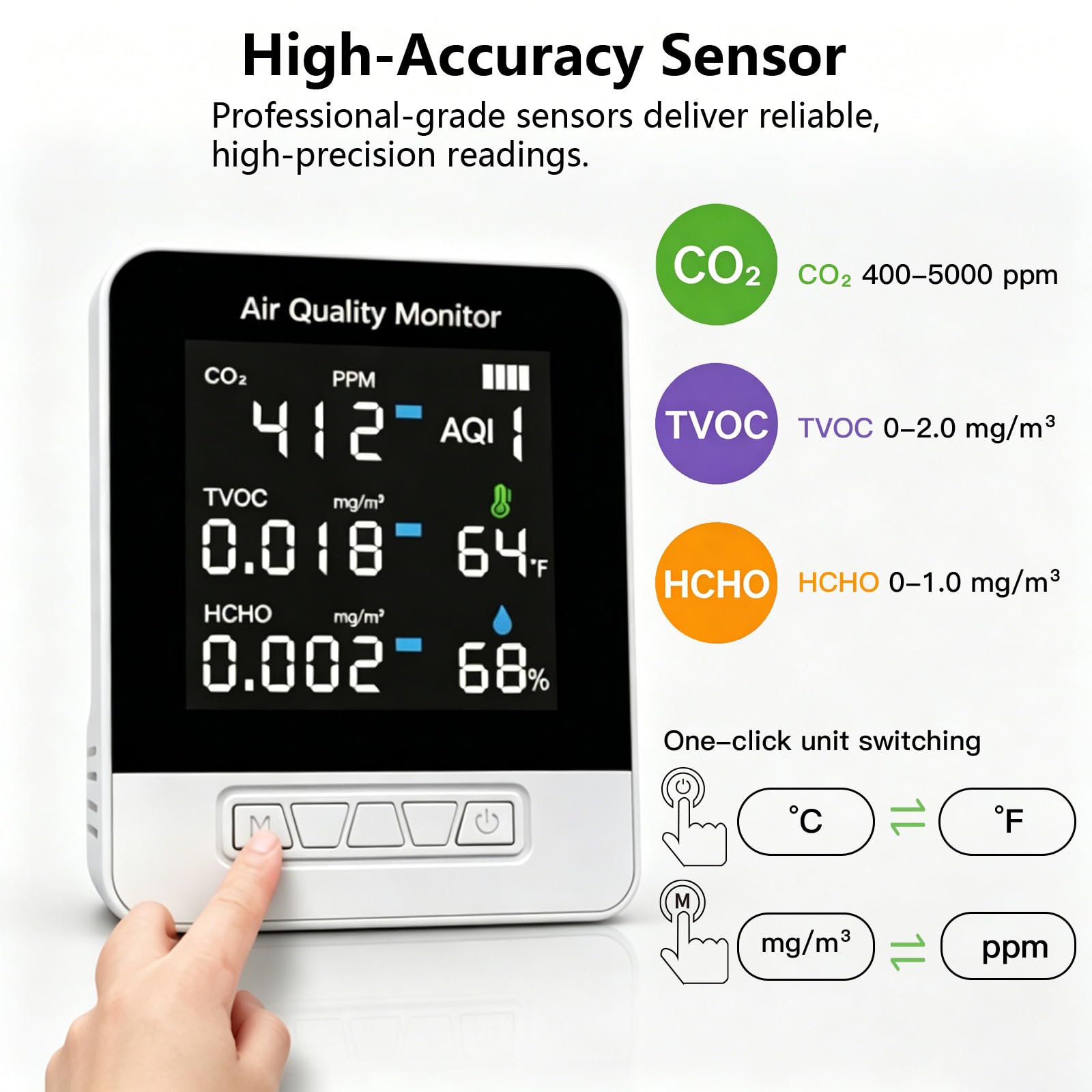 6-in-1 Air Quality Monitor | CO2 TVOC HCHO AQI Meter DA10