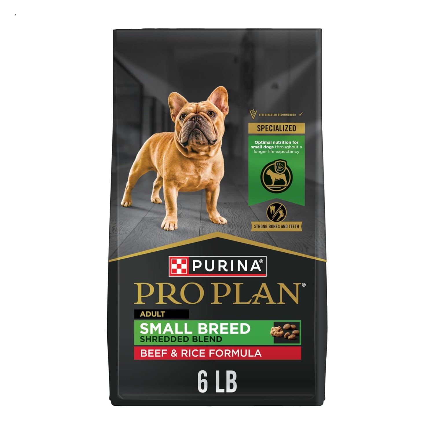 Elefair Purina Pro Plan Small Breed Dry Dog Food with shredded beef and rice, featuring small kibble for small dogs.