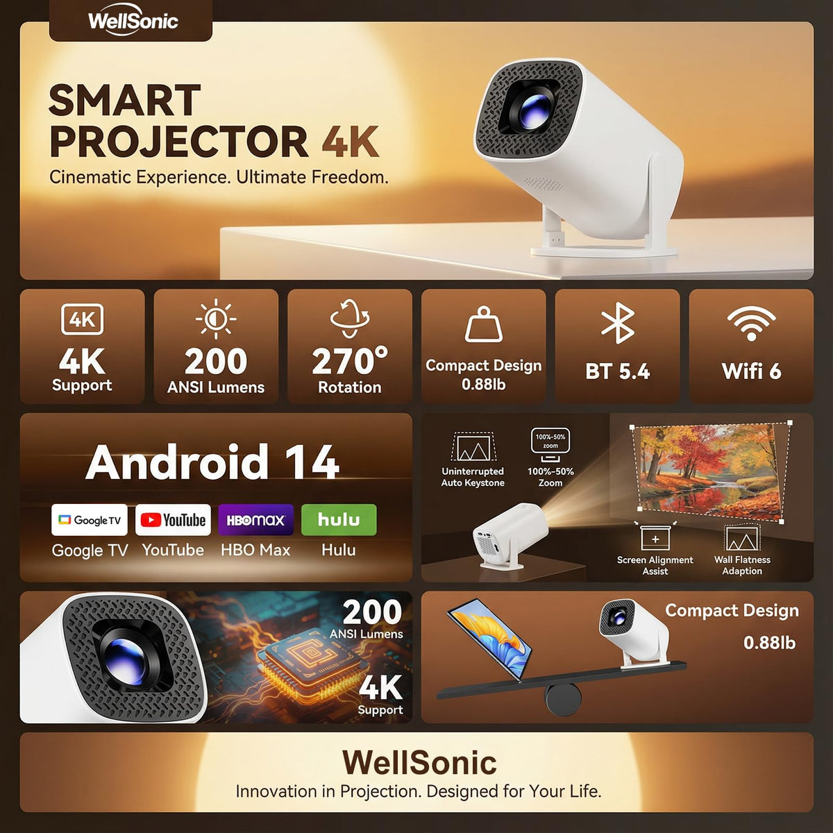 Mini Projector with Wifi and Bluetooth 4K Protable Smart - WellSonic Official Imagery - 3