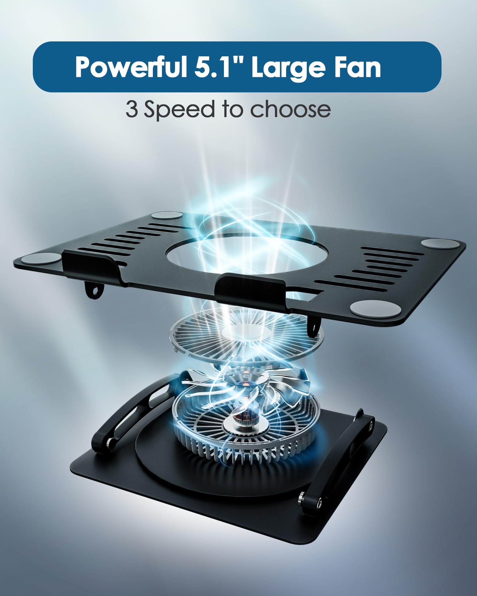 SHUWEI Laptop Cooling Stand with 3 Speed Fan, Adjustable Height & Angle, 360 Rotation Base, Carbon Steel Framework, Ultra-Quiet & Super Sturdy for up to 16”Laptop - Black