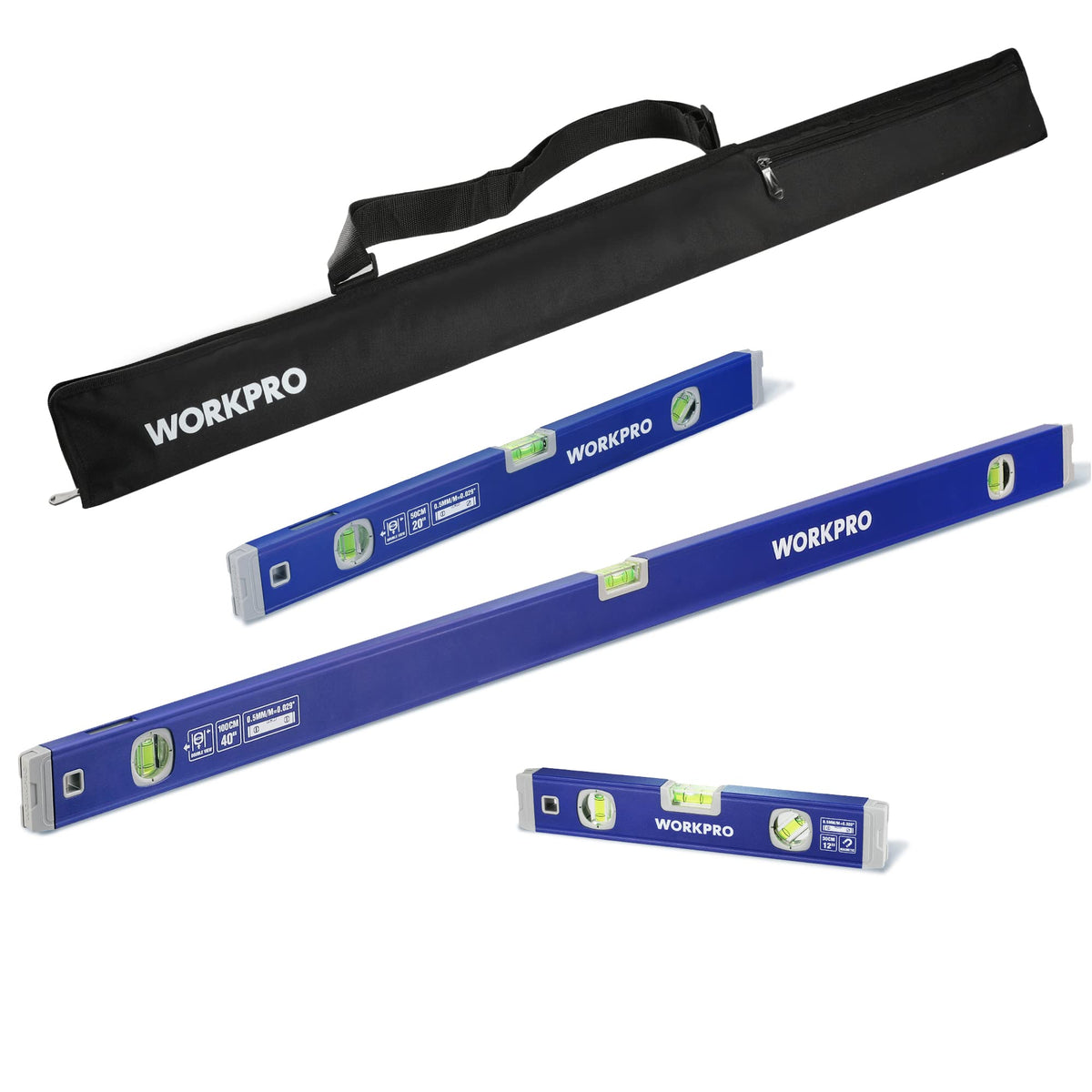 WORKPRO 3 Piece Spirit Level Set with 12 Magnetic Torpedo - WORKPRO Official Imagery - 1
