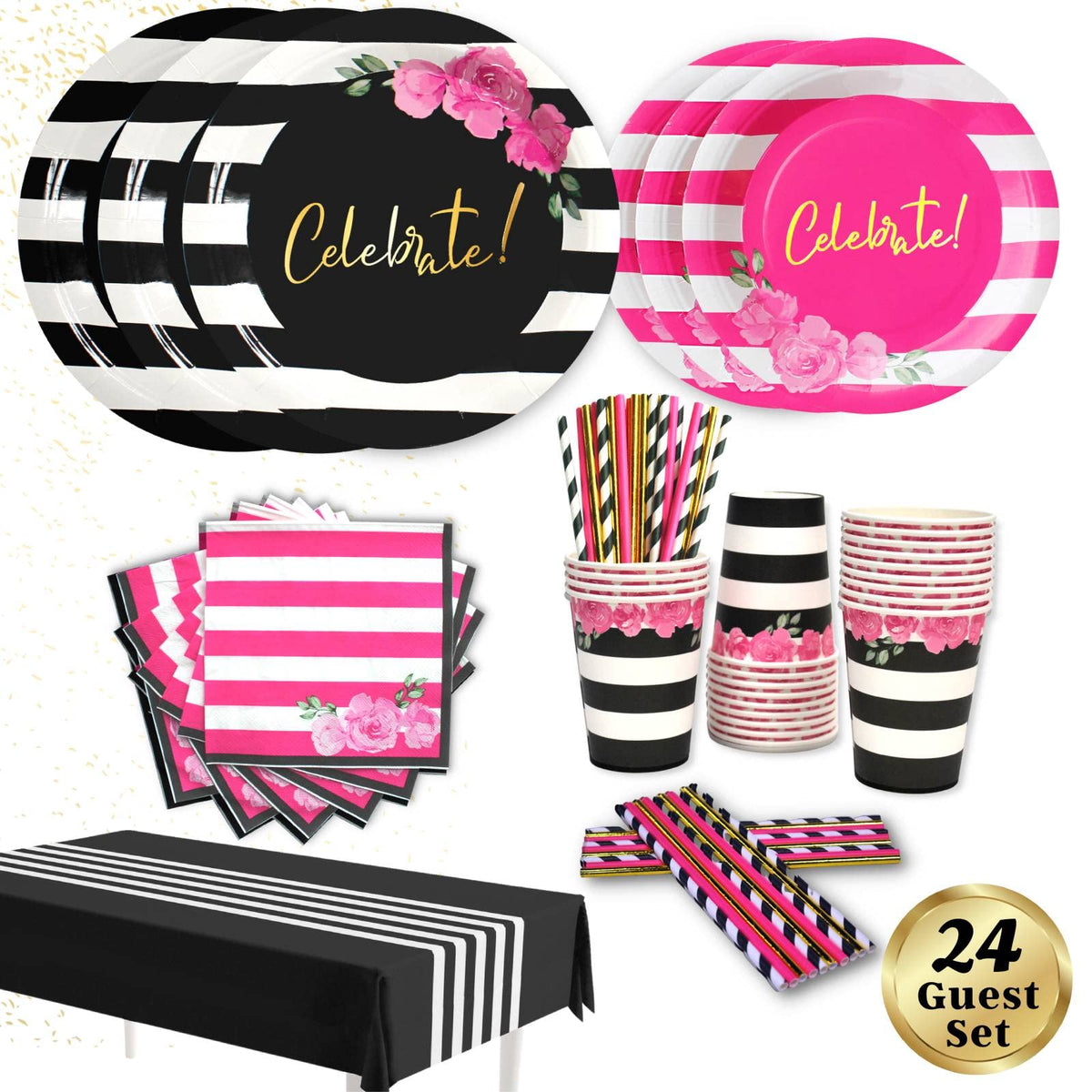 121 Pc Black and Pink Birthday Decorations Tableware Set - RainMeadow Official Imagery - 1