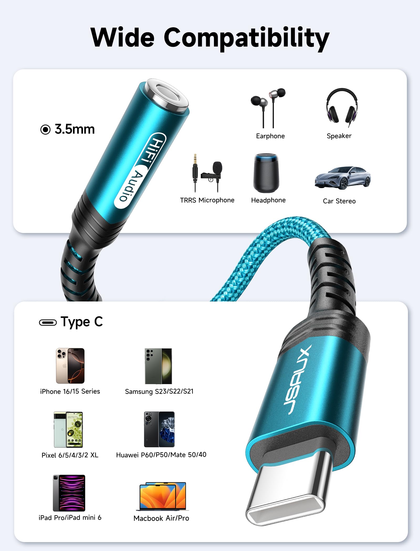 JSAUX USB C to 3.5mm AUX Audio Adapter for iPhone 17/15, Galaxy S by JSAUX - Angle View 5