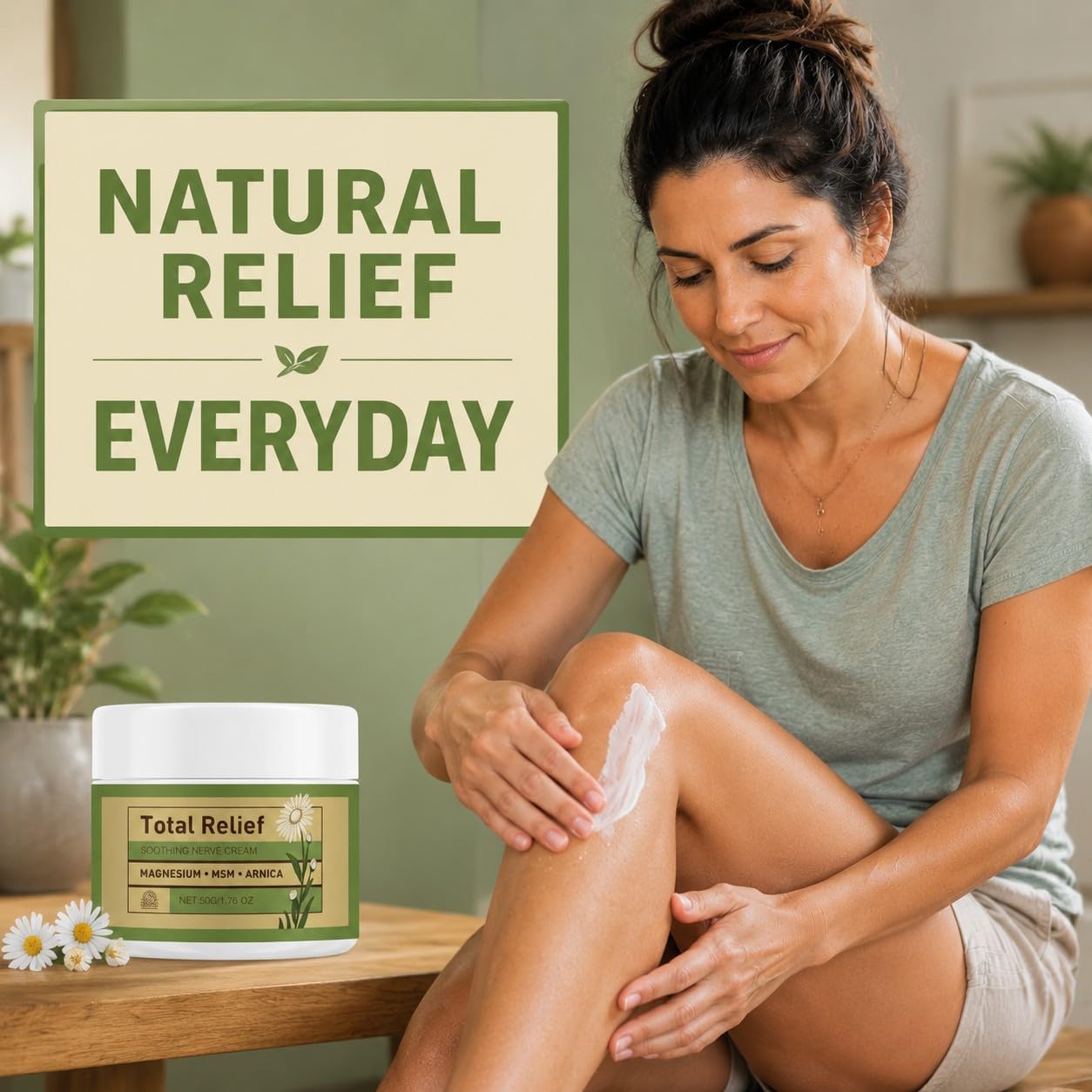 UKJGDI Magnesium MSM Arnica soothing body cream in 1.76 oz jar, moisturizing skin with natural ingredients and soothing properties.