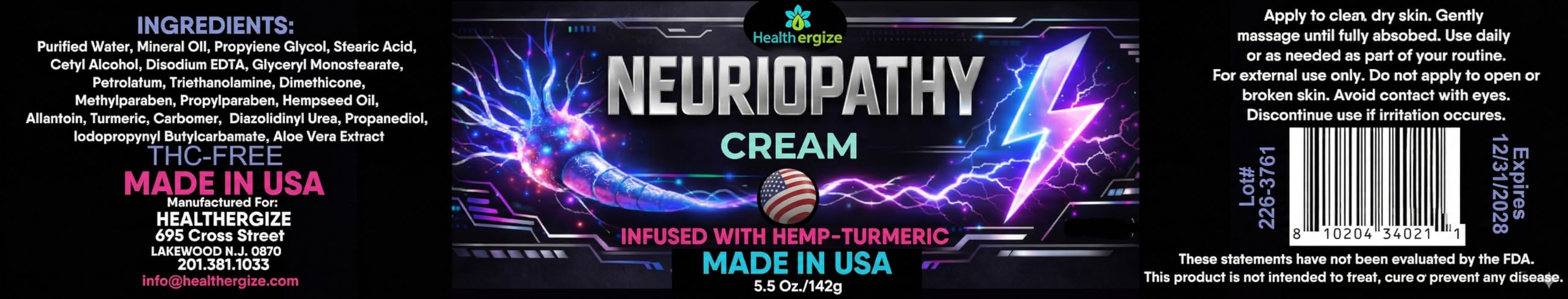 Healthergize Neuropathy Nerve Cream with hemp and turmeric in a 5.5 oz container showing the product jar and label.