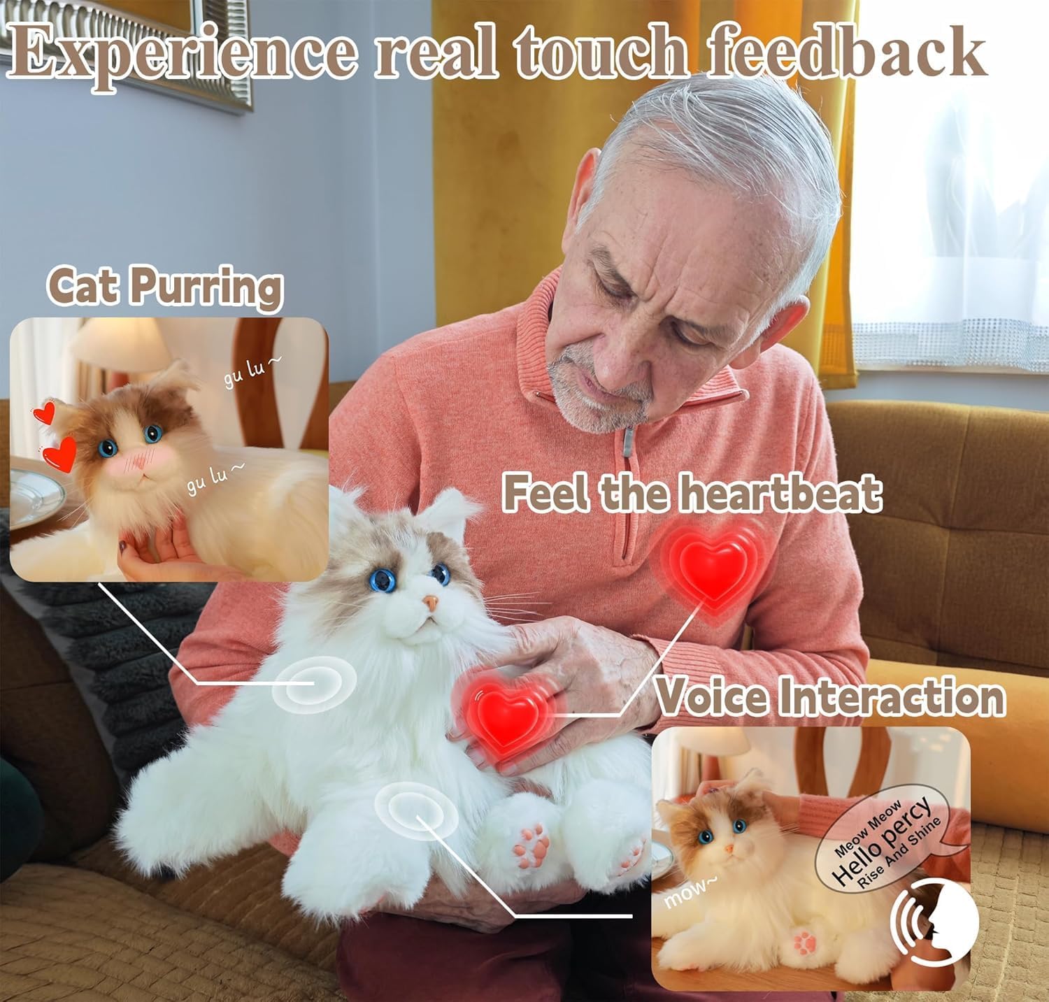 Chongker interactive companion robot cat pet with handmade weighted stuffed animal design, soft plush, and realistic features.