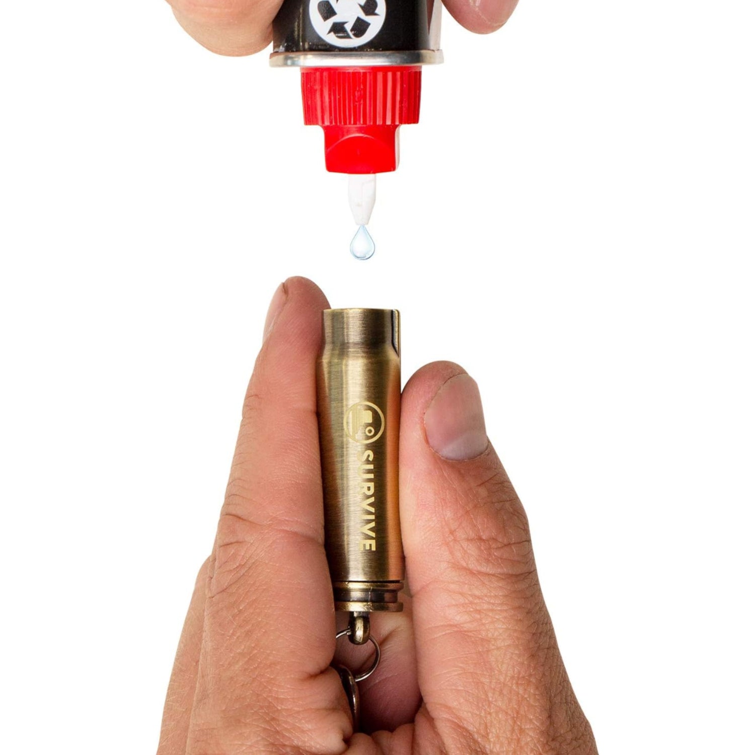 SURVIVE permanent match bullet metal keychain with quick clip, reusable survival fire starter and key accessory.