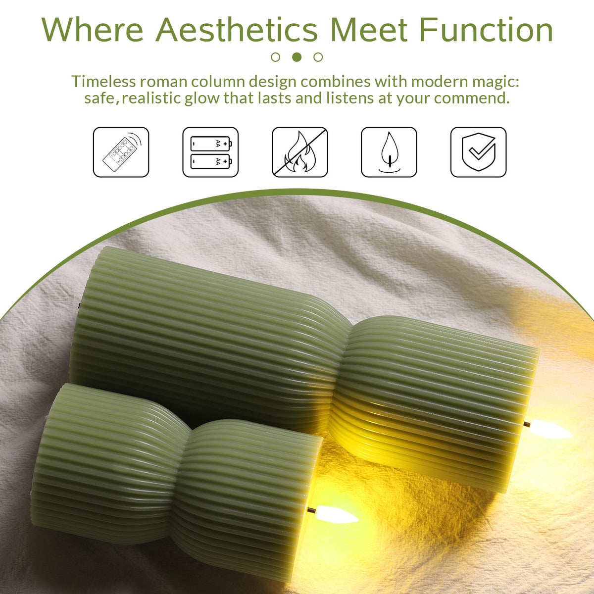 Olive Green Ribbed Flameless Pillar Candles with Remote Set - Girimax Official Imagery - 5