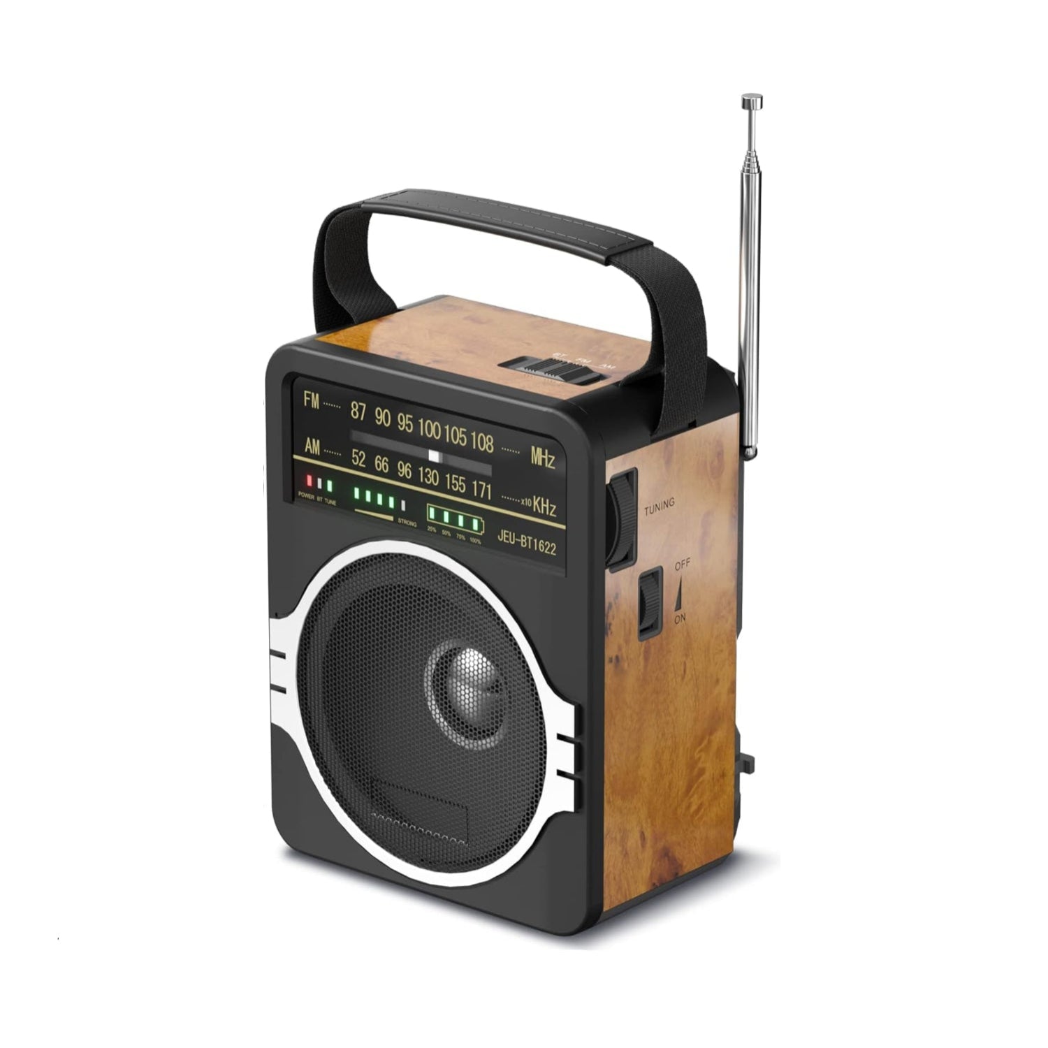 Portable JEUJUG AM FM radio with Bluetooth 5.0, 5W speaker, built-in rechargeable battery, and digital tuner.