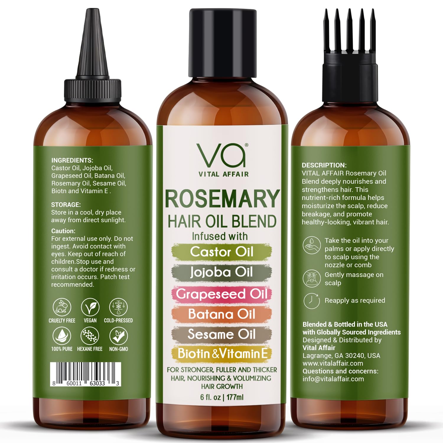VITAL AFFAIR Blend Of Pure Rosemary Oil For Hair Growth 6 Fl Oz With Castor, - VITAL AFFAIR Official Product View 3