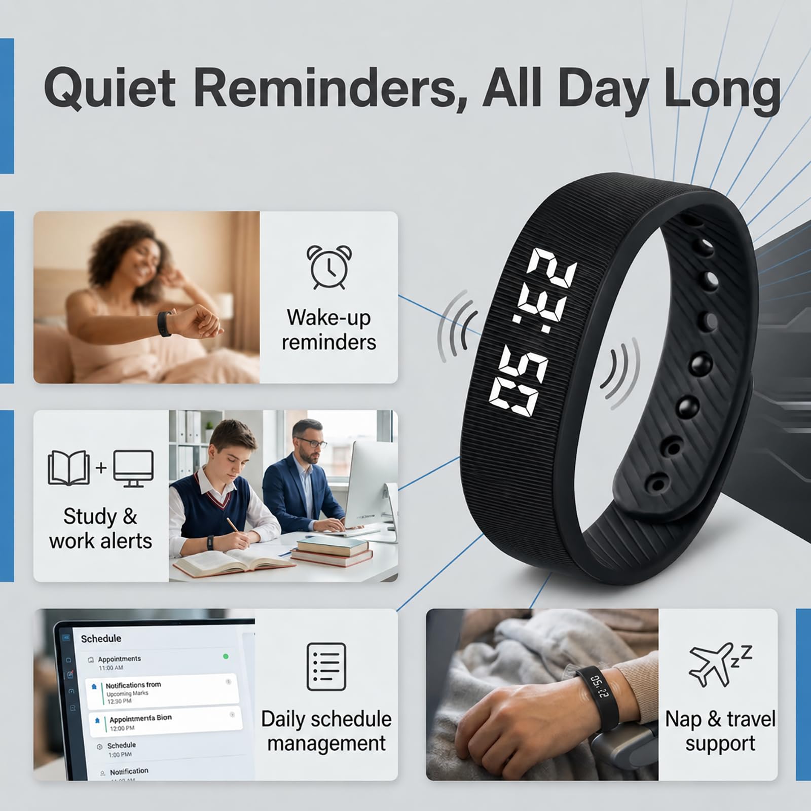 TEERAVD Vibrating Alarm Wristband Clock for Heavy Sleepers Wake Band W - View 4