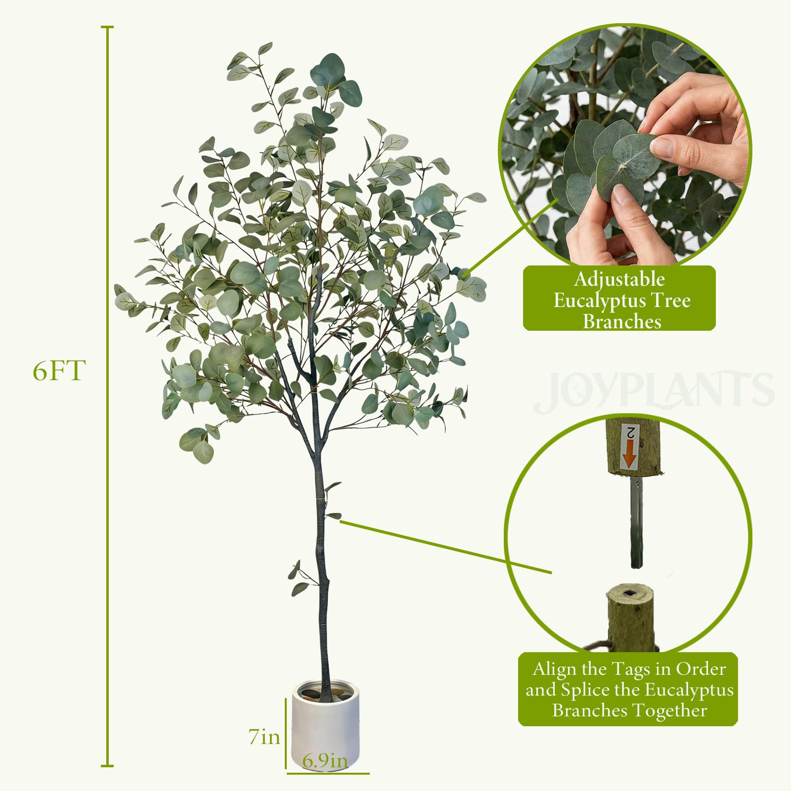 Joyplants 6ft artificial eucalyptus tree with lifelike silver dollar silk leaves, realistic faux plant for home or office decor.