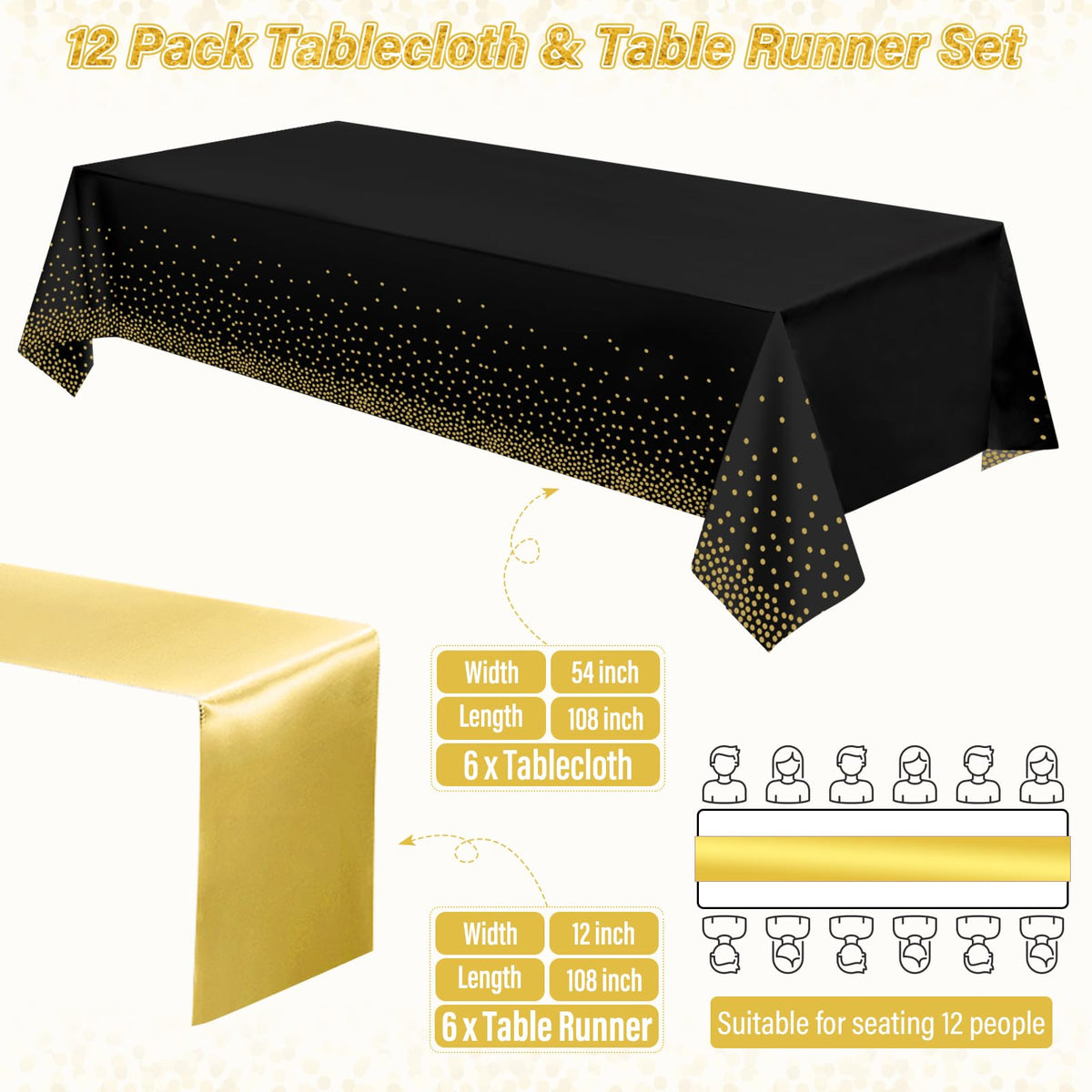 12 Pack Black and Gold Tablecloth and Table Runner Set Party - Zachely Official Imagery - 4