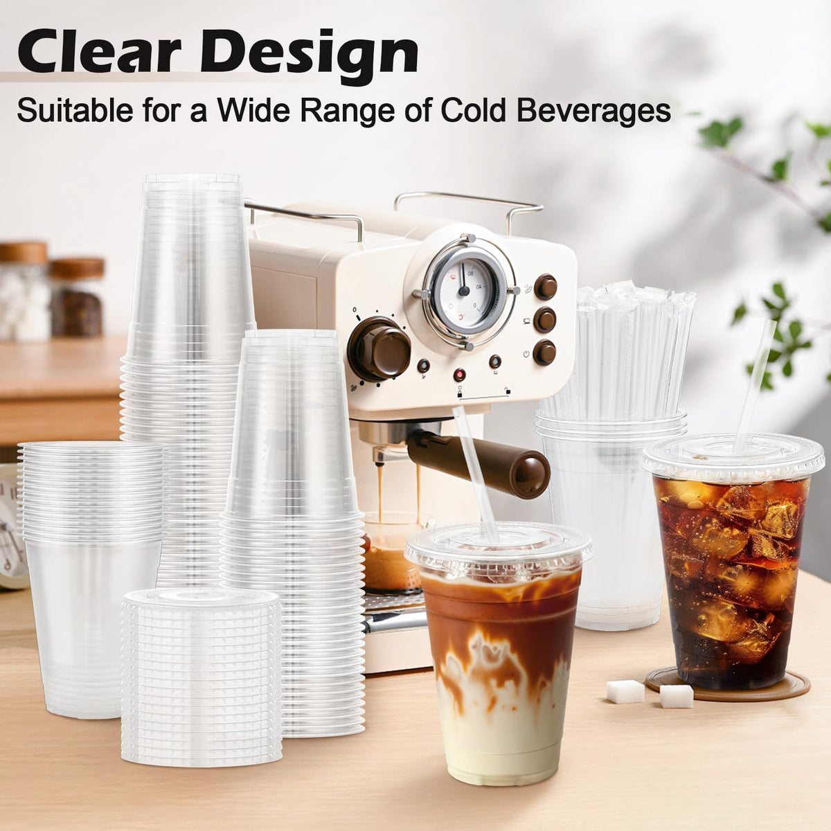 Lamosi 100 Pack 16 oz Clear Plastic Cups with Lids and - Lamosi Official Imagery - 5