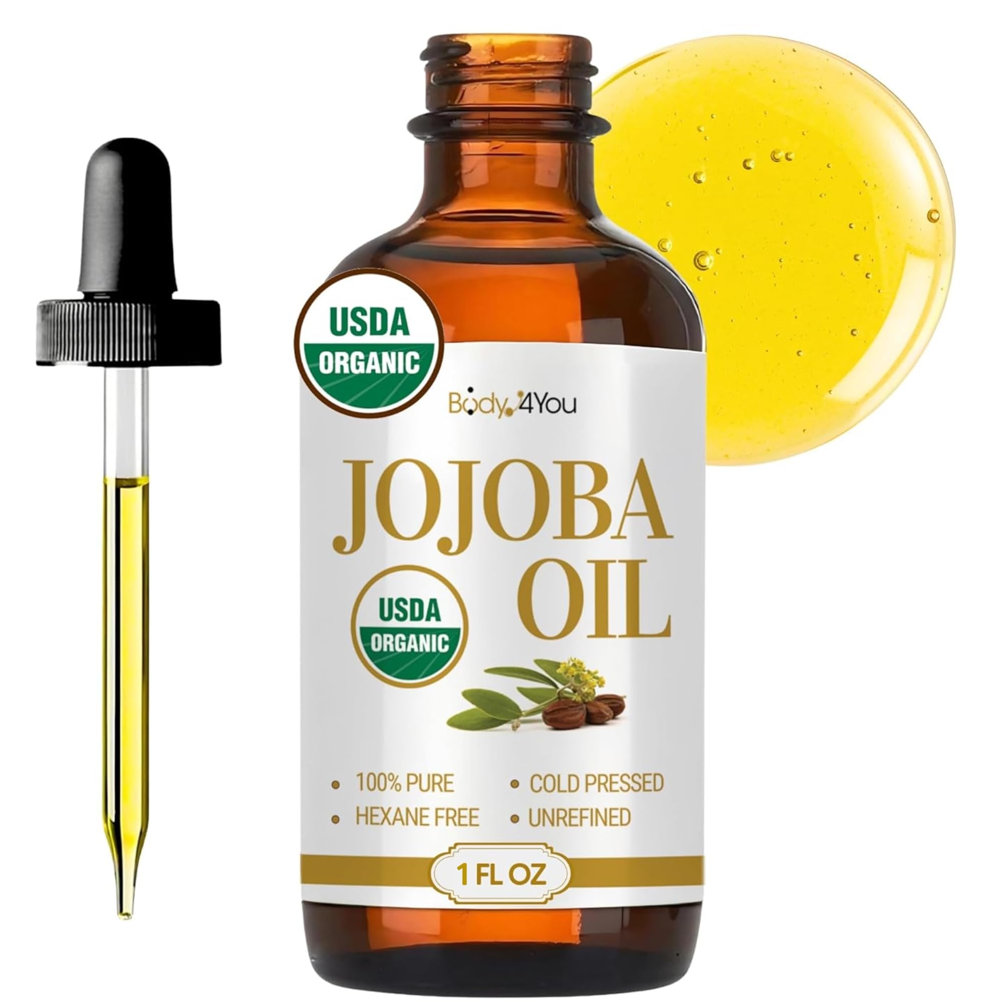 BodyJ4You Organic Golden Jojoba Oil - USDA 100% Pure Cold - Product Imagery