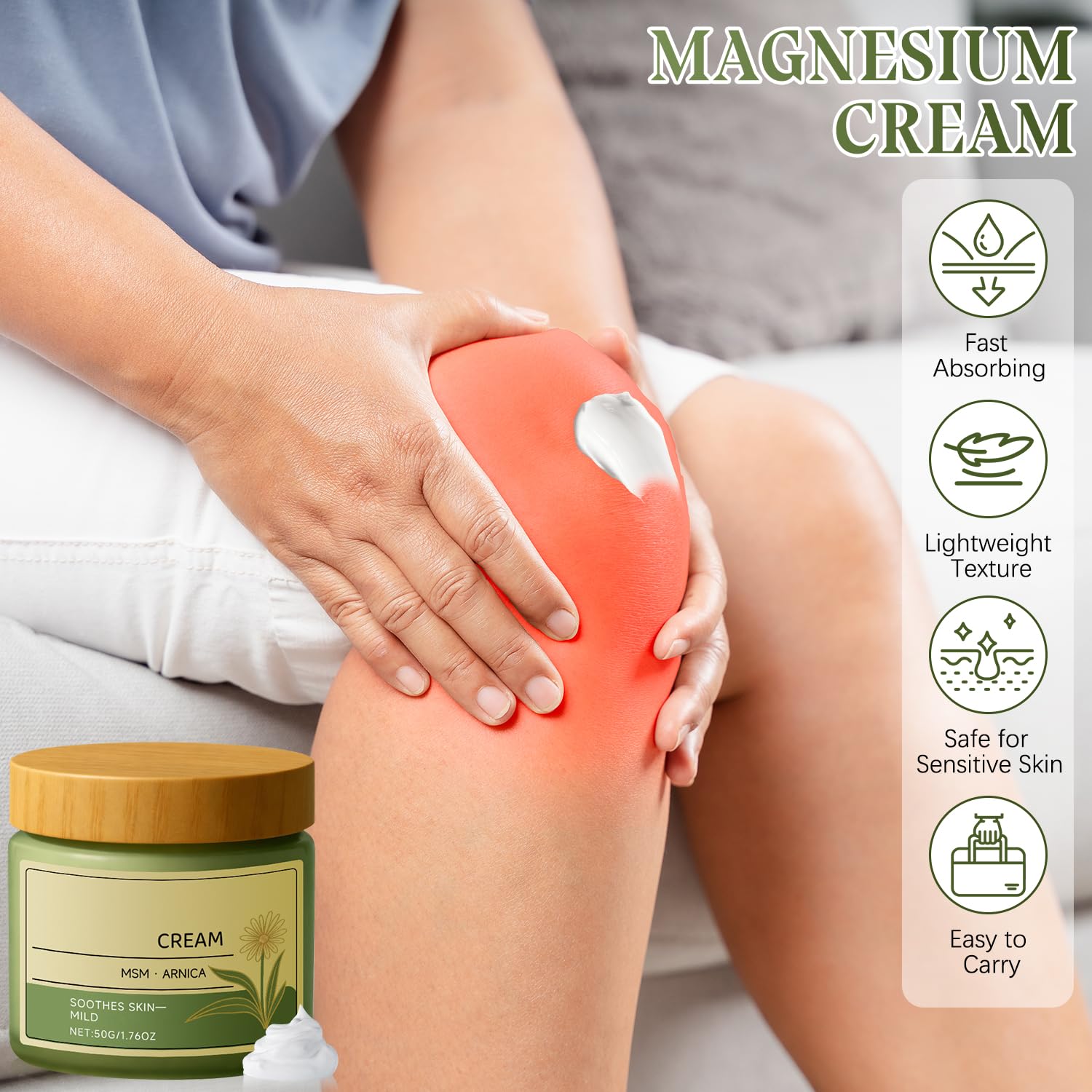 rooroopet 2 PCS Magnesium Cream with MSM & Arnica, Mild Ingredients for Skin Soothing, Daily Body Care Cream, 50g/1.76oz