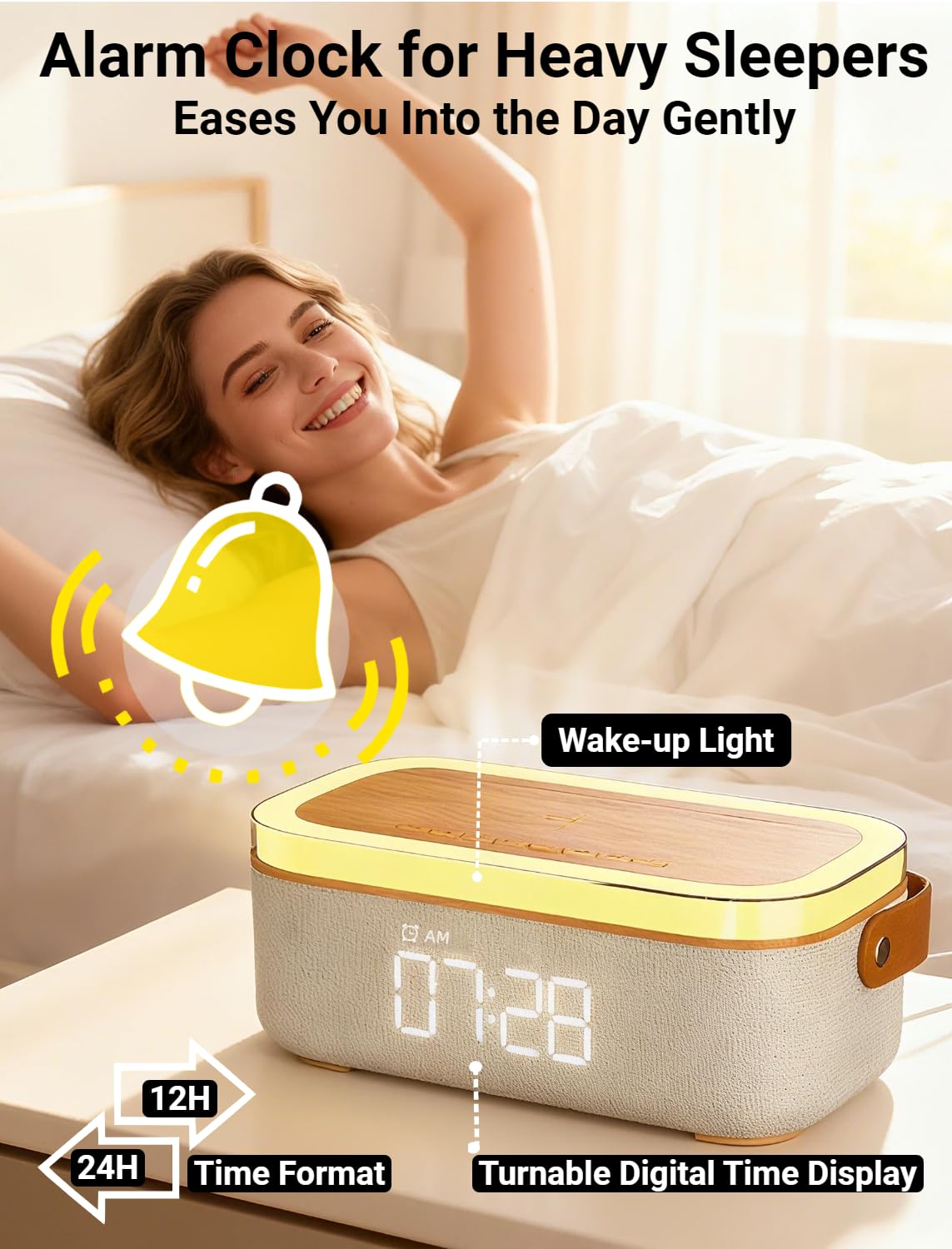 4 in 1 Alarm Clock Bedrooms for Heavy Sleeper Bluetooth - PLUWEL Official Imagery - 3