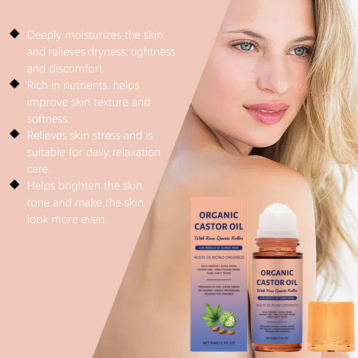 2PC Organic Castor Oil Roll On with Rose Quartz Roller 100 - LOYOTICE Official Imagery - 4