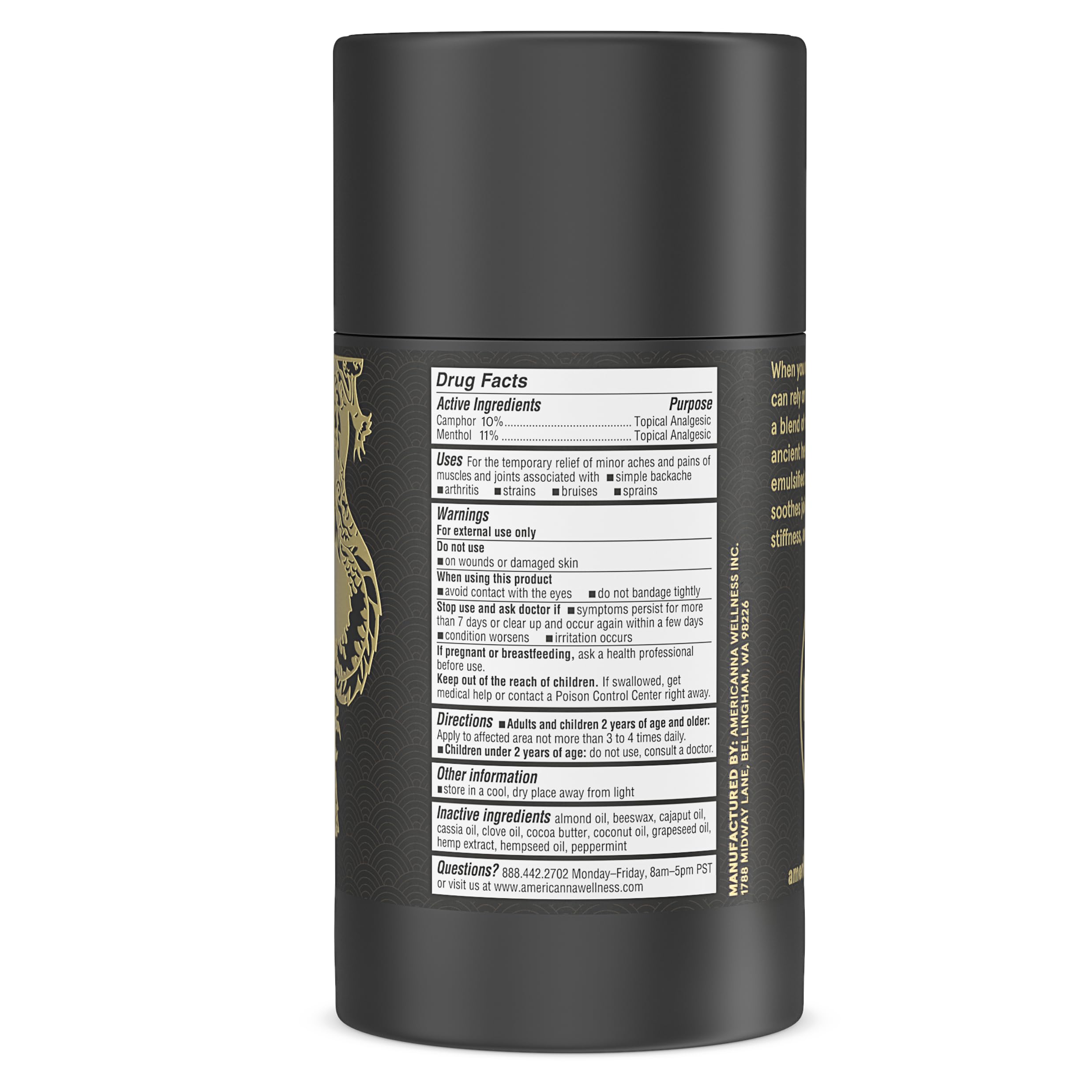 Americanna Wellness Dragon Balm 3.4oz roll-up skin moisturizer in black, featuring a sleek container and label design.