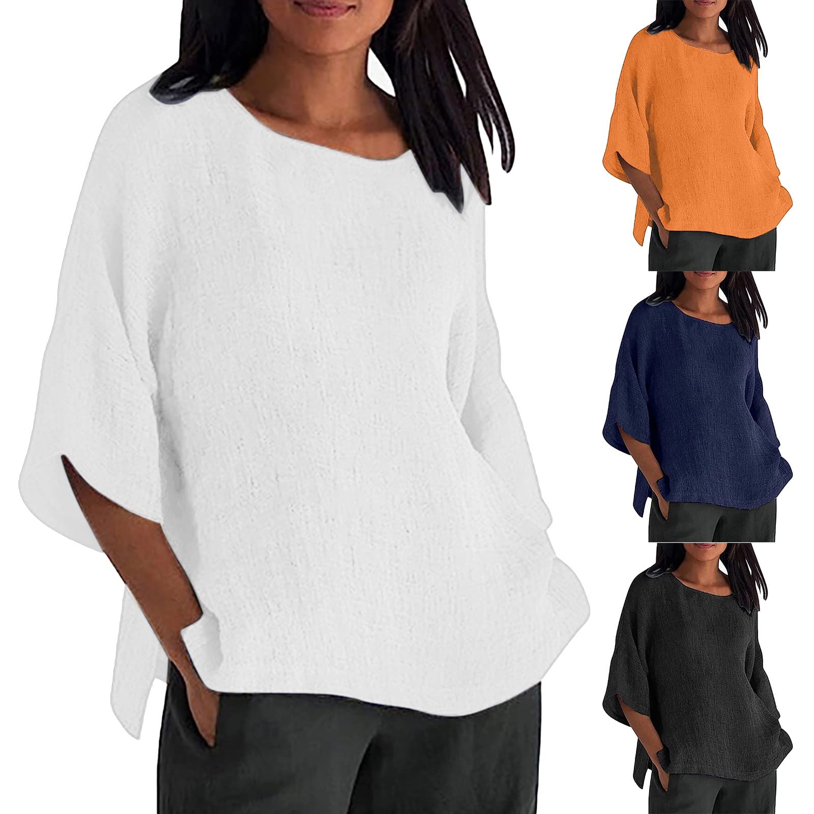 Linen Shirts for Women 2025 Summer Basic Solid Color 3/4 Sleeve Tunic - View 2