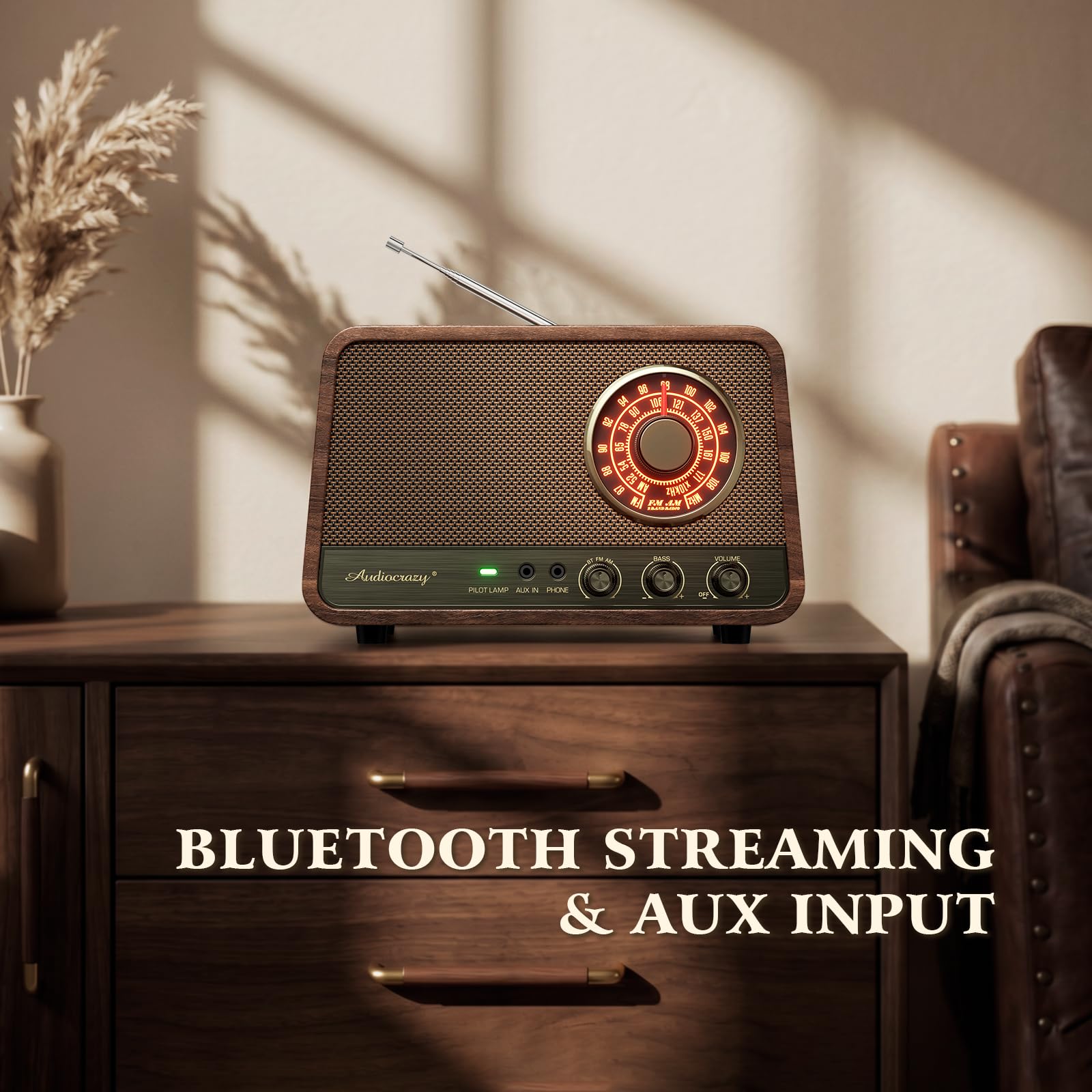 Audiocrazy Vintage Wood AM FM Bluetooth Radio, 10W Espresso