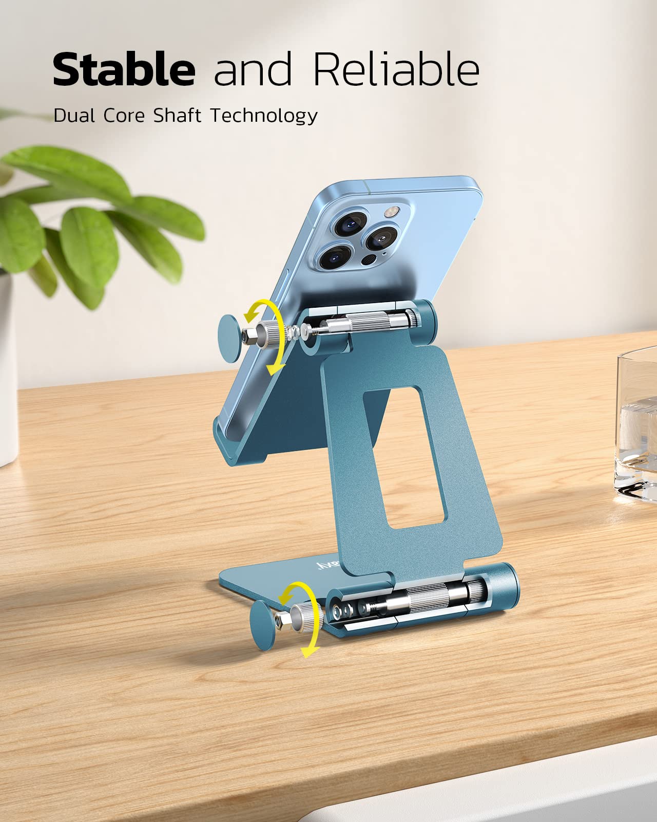Nulaxy full aluminum dual folding cell phone stand in blue, portable desk accessory for hands-free device use.