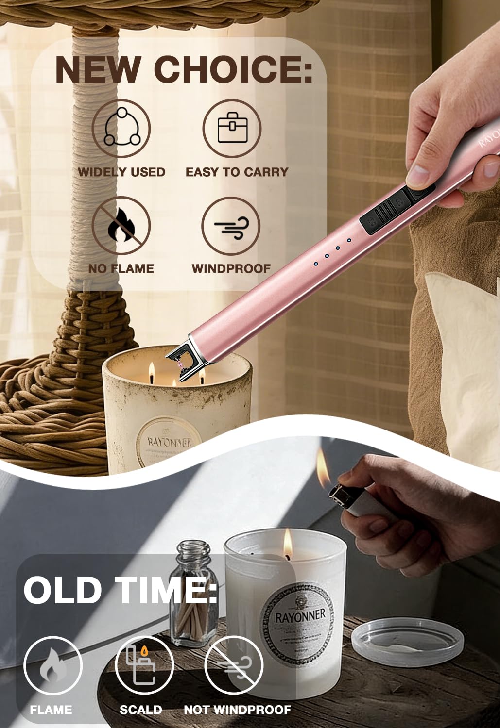 RAYONNER Electric Candle Lighter USB Plasma Arc Windproof Rose Gold - View 4