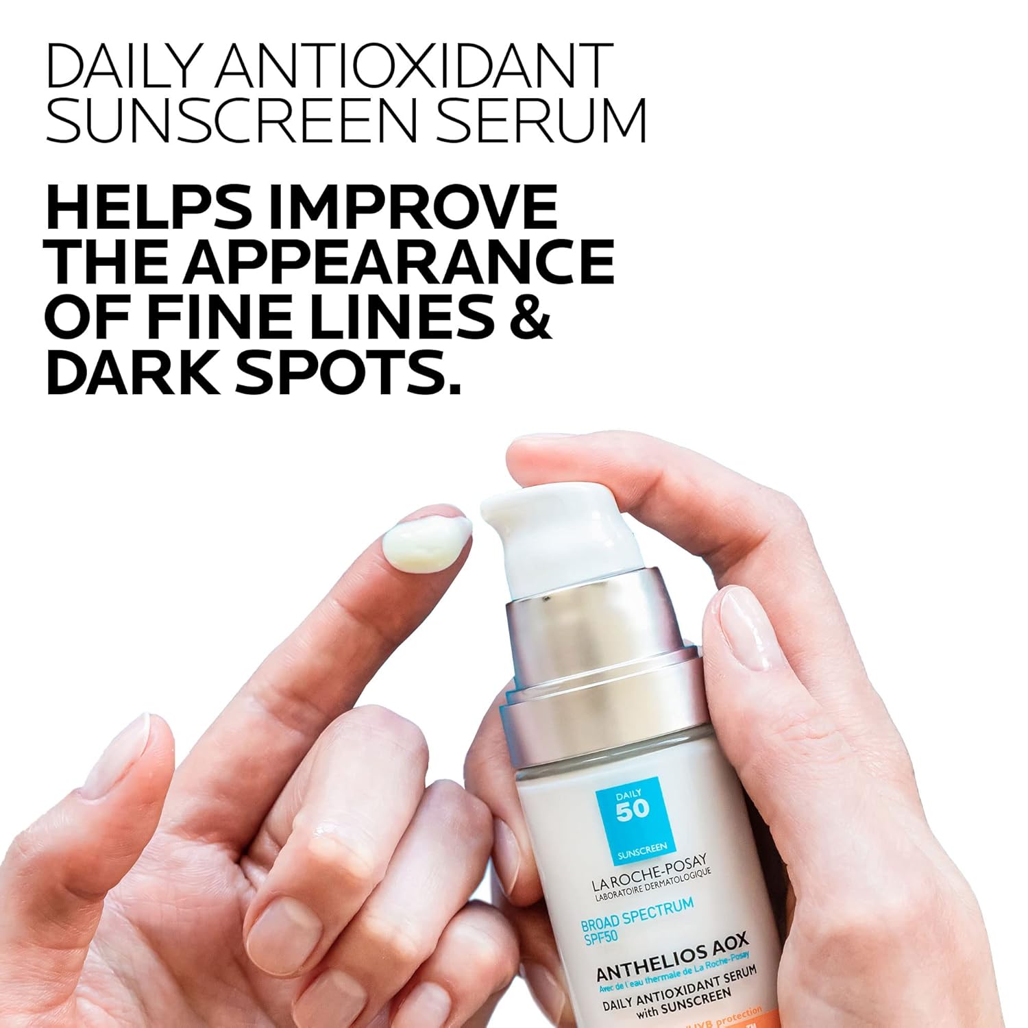 Elefair La Roche-Posay Anthelios AOX Daily Antioxidant Serum with SPF in a clear bottle, featuring a pump dispenser.