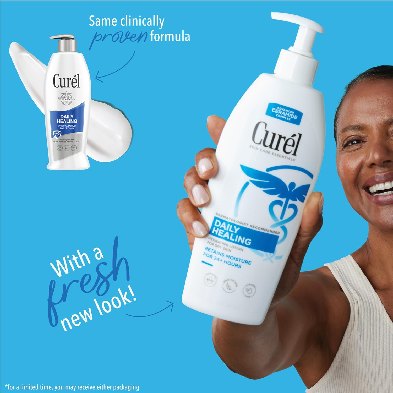 Curel Daily Healing Body Lotion for dry skin, dermatologist recommended, 20 oz bottles, pack of 4, showing lotion bottles and label