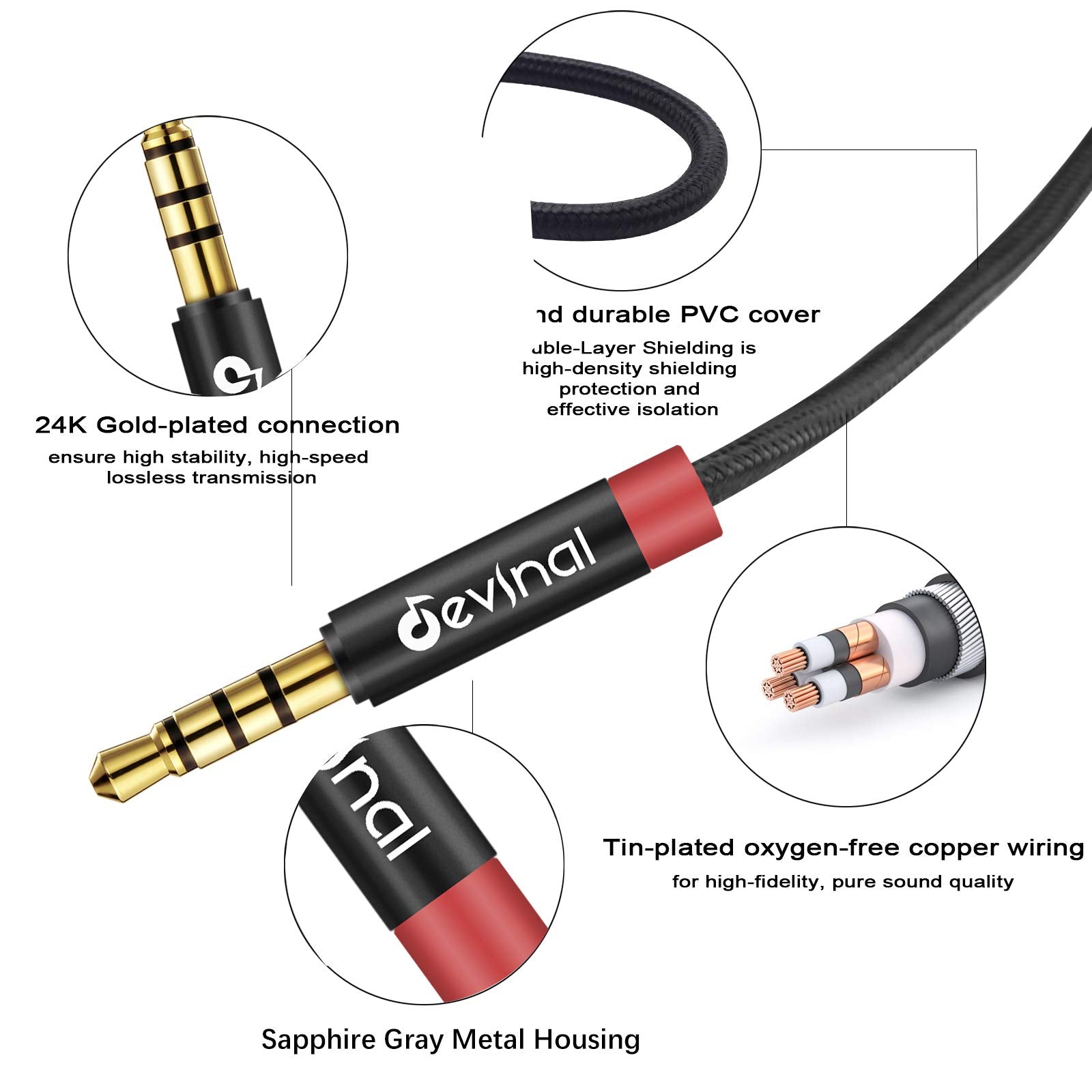 Devinal 3.5mm TRRS Cable, 1/8" inch 4 Pole Auxiliary Cord, Aux Mi by Devinal - Angle View 3