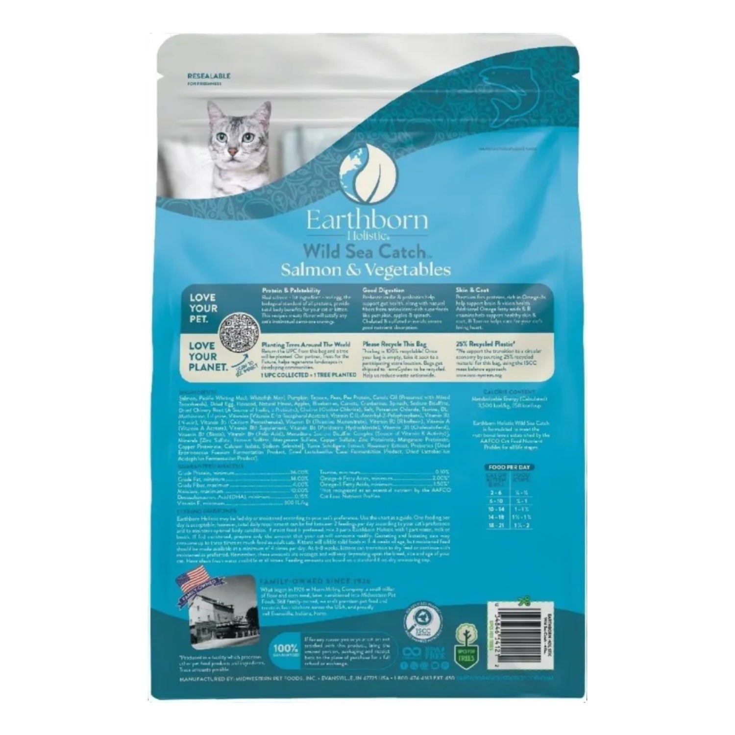 Earthborn Holistic Wild Sea Catch grain-free dry cat food bag, 12.5 lb., with images of fish and healthy ingredients on the packaging.
