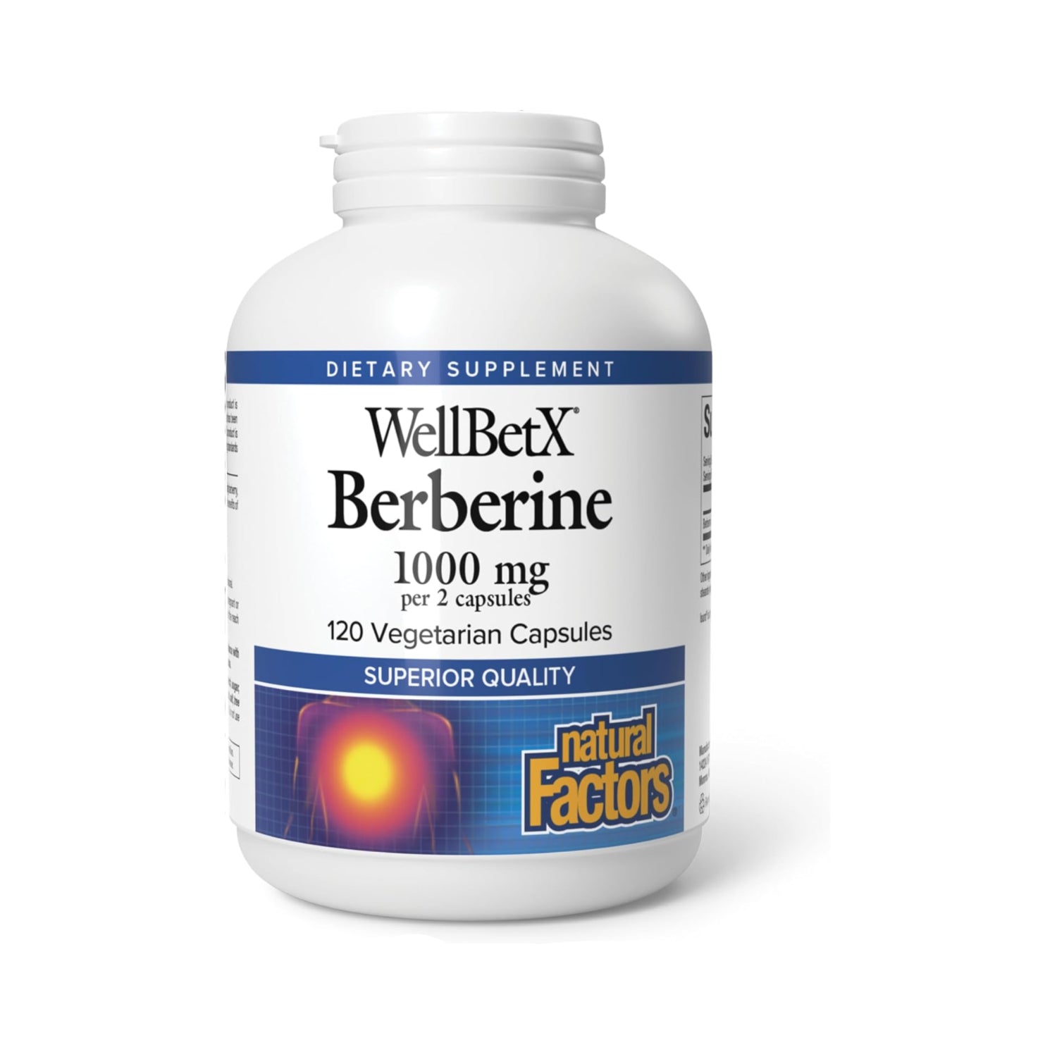 Natural Factors WellBetX Berberine supplement bottle showing label with product name and serving size for metabolic health support.