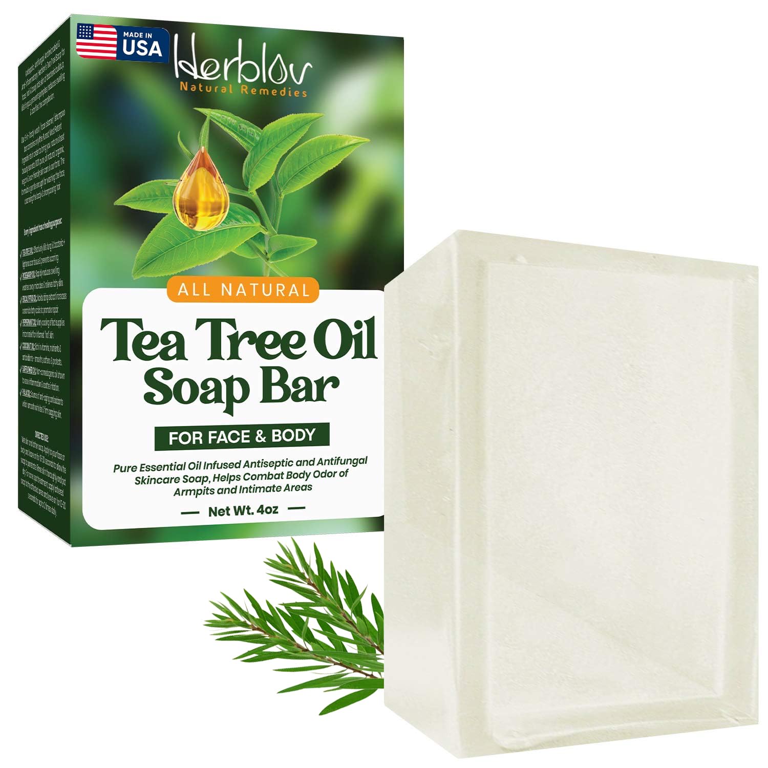 Tea Tree Oil Soap Bar for Face & Body, 4oz –All Natural Remedy - Product Imagery