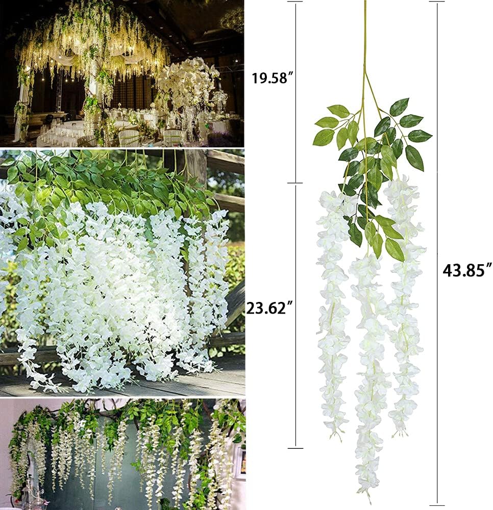 Set of 12 WEISPARK white artificial hanging flowers, 3.75 feet long each, perfect for home or event decor.