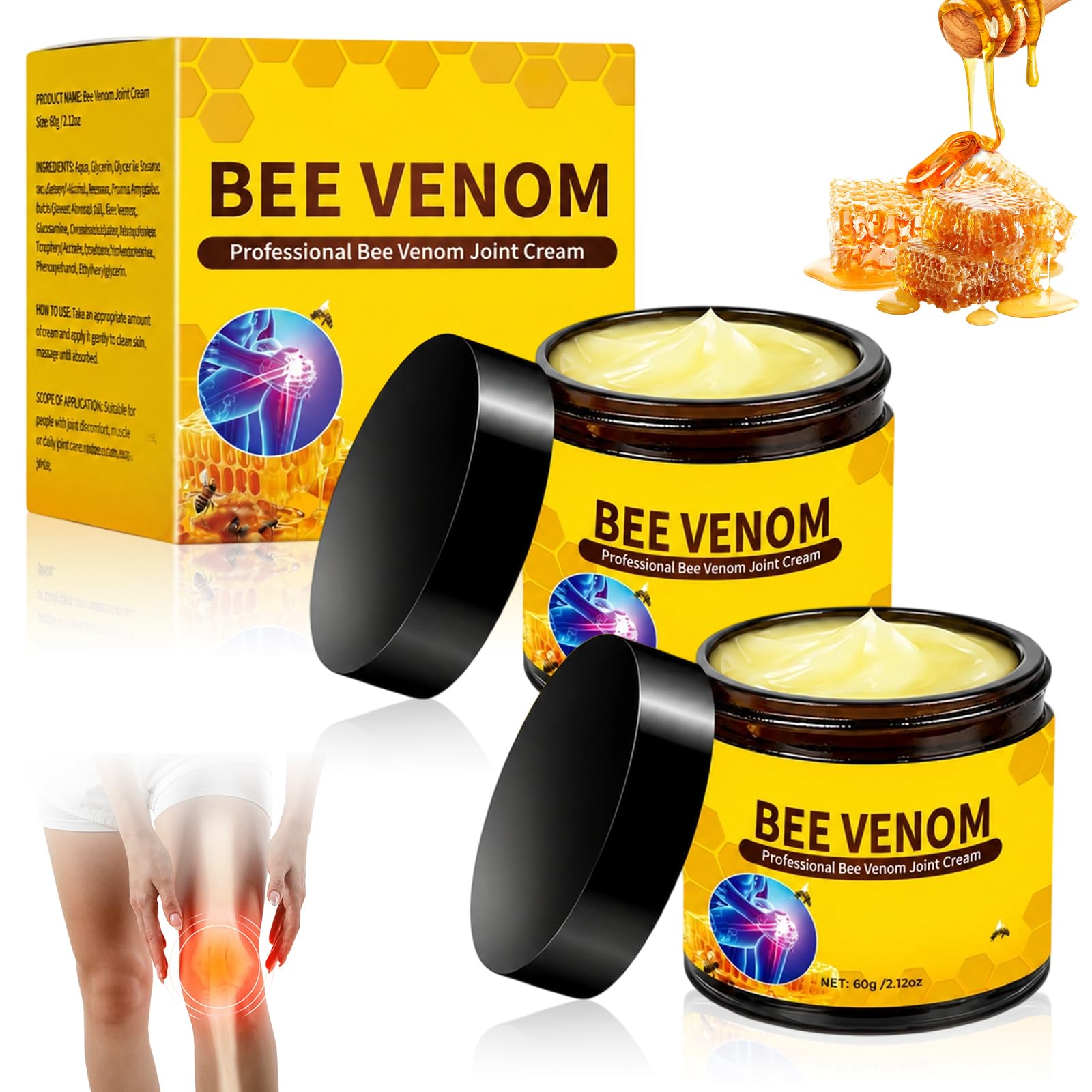 huatinent 2Pcs Bee Venom Cream,Bee Venom Relief Bone Healing Cream,Professional Bee Venom Joint Cream,For Back,Knee,Hands,Neck,Feet,All Skin Types