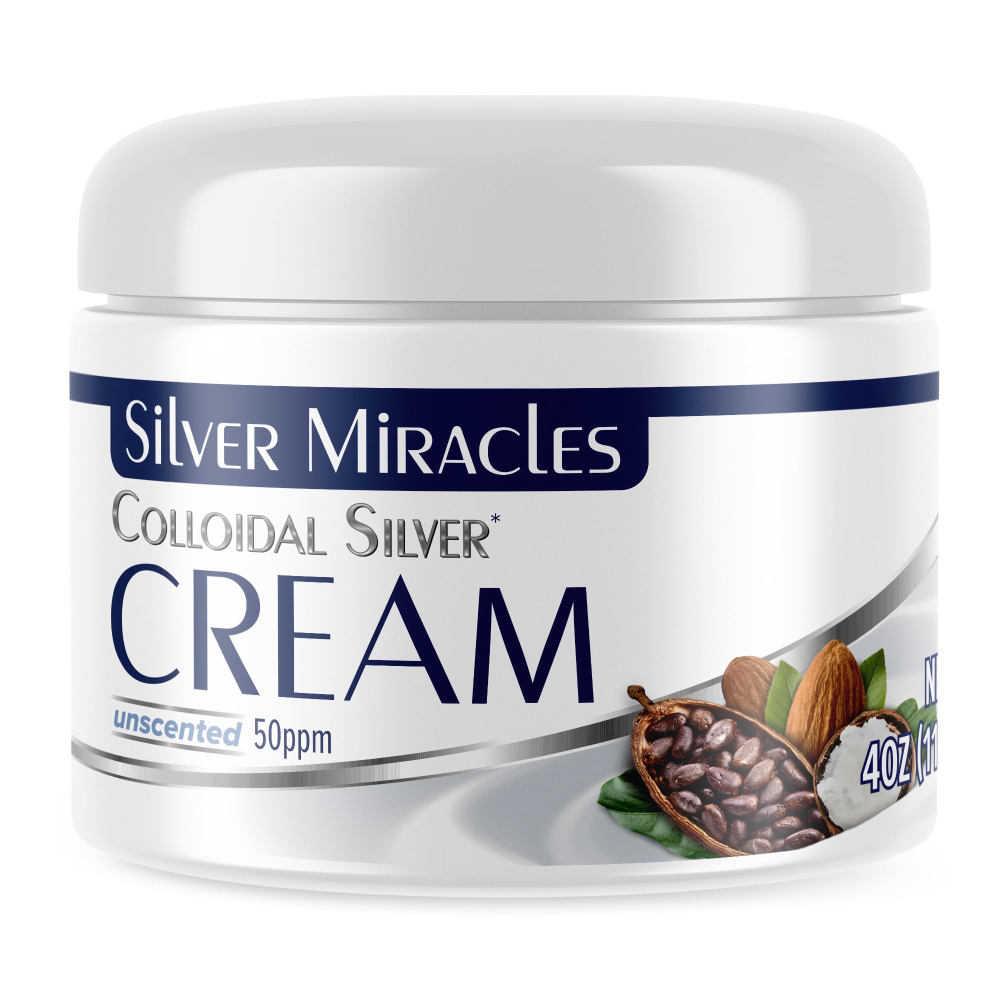 Silver Miracles colloidal silver cream 4oz scent-free moisturizer in a white jar, showing the label and cream texture.