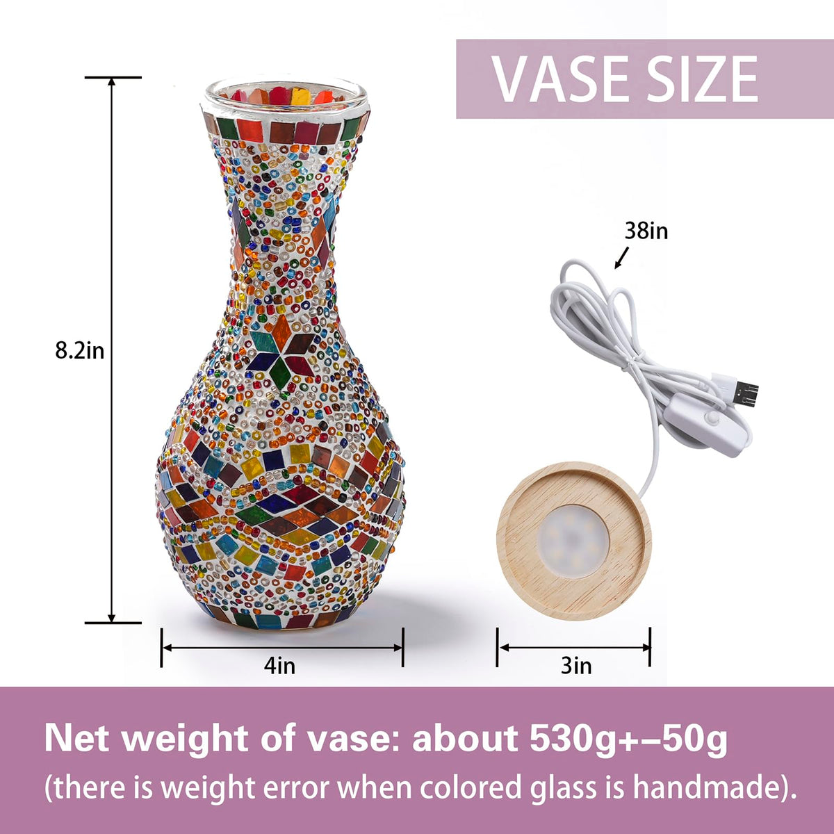 Mosaic Vase Lamp Turkish Table Lamp with Wood Base USB LED - JAITAIK Official Imagery - 4