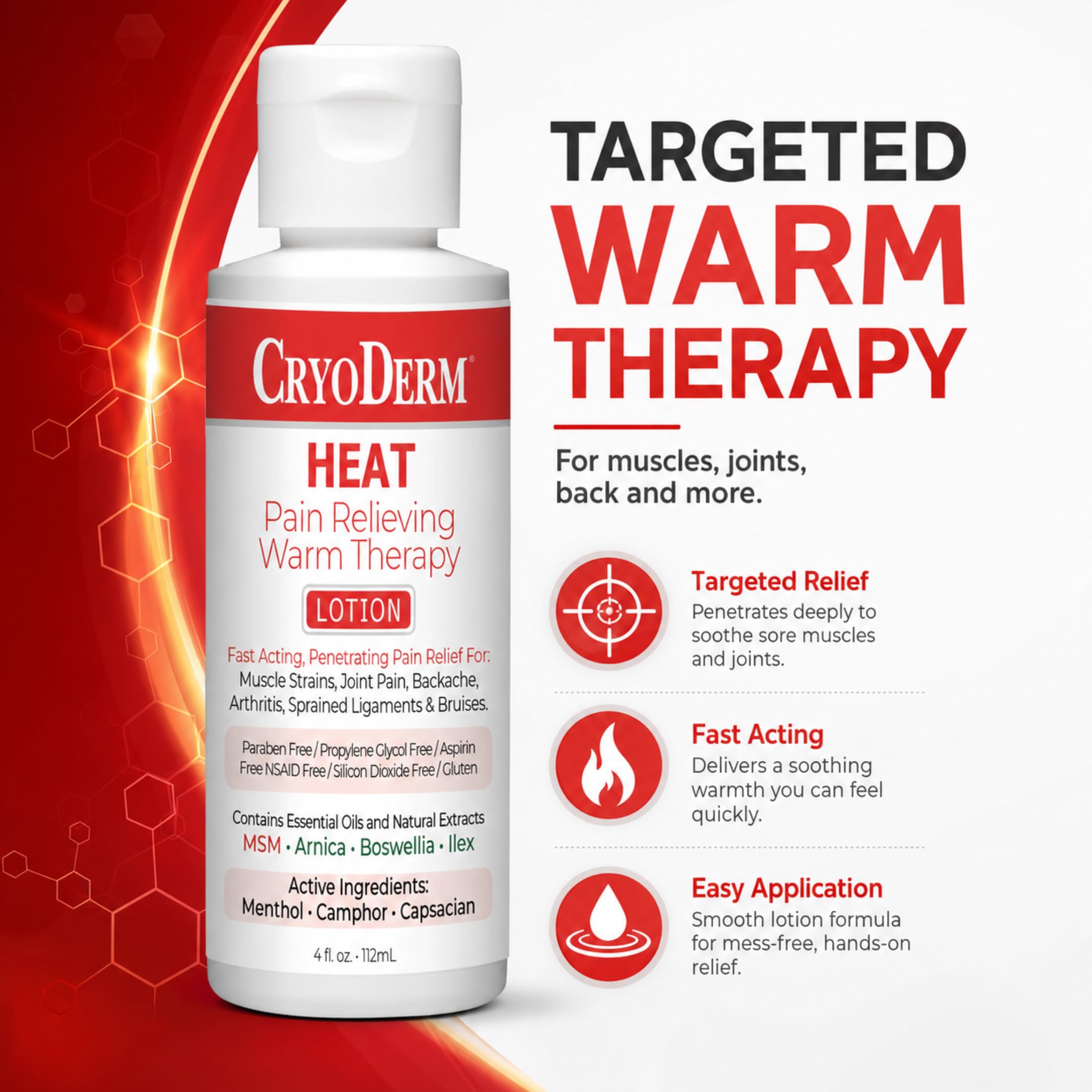 CryoDerm Heat Warming Pain Relief Lotion 4oz, skin care agent in a white bottle with a blue cap, used for warming pain relief.