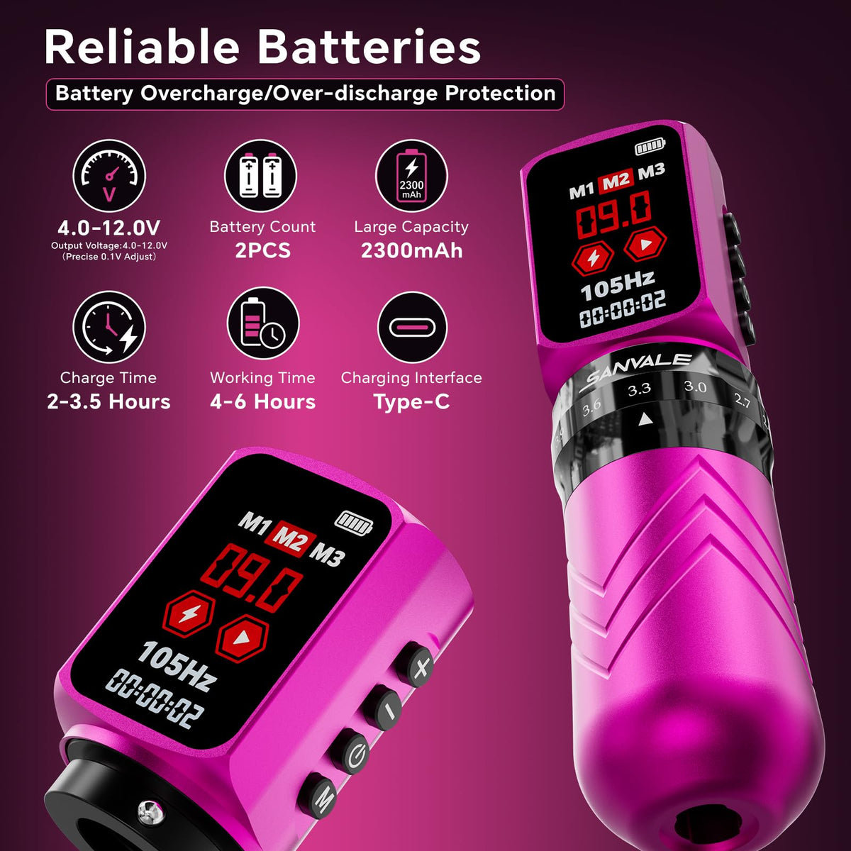 Wireless Tattoo Kit with 2pcs 2300mAh Batteries Adjustable - SANVALE Official Imagery - 5