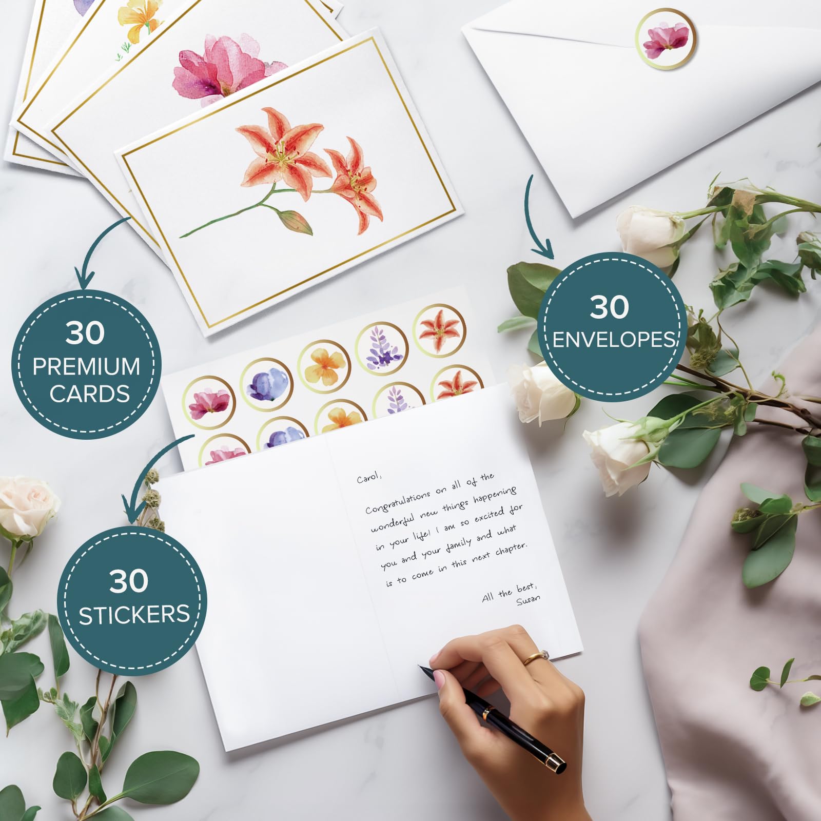 Blank Cards 30-Pack Gold Foil Floral Note Cards with Envelopes