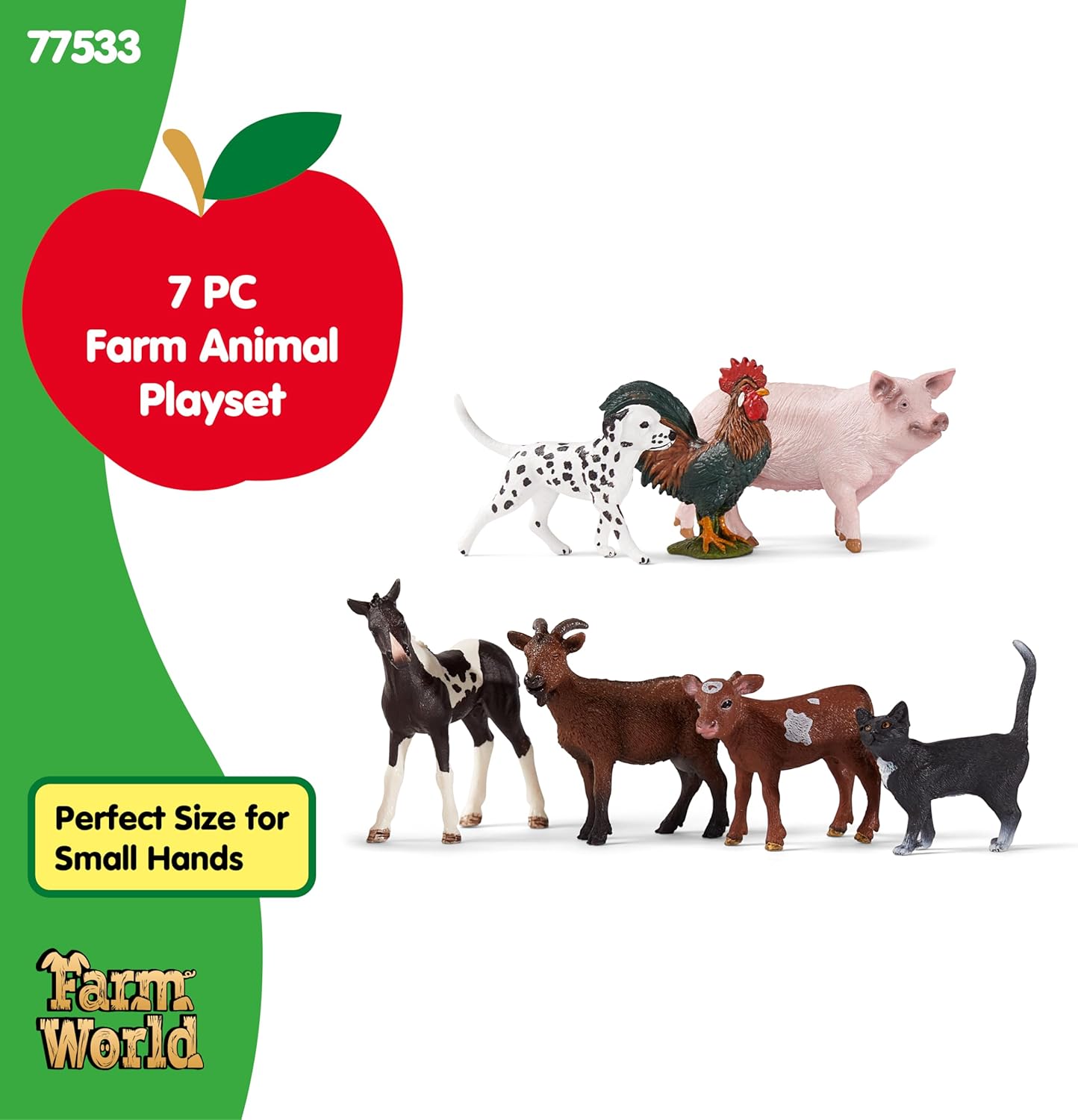 Schleich Farm World 7-piece farm animal playset including dog, cat, pig, goat, and rooster figures on a farm background.